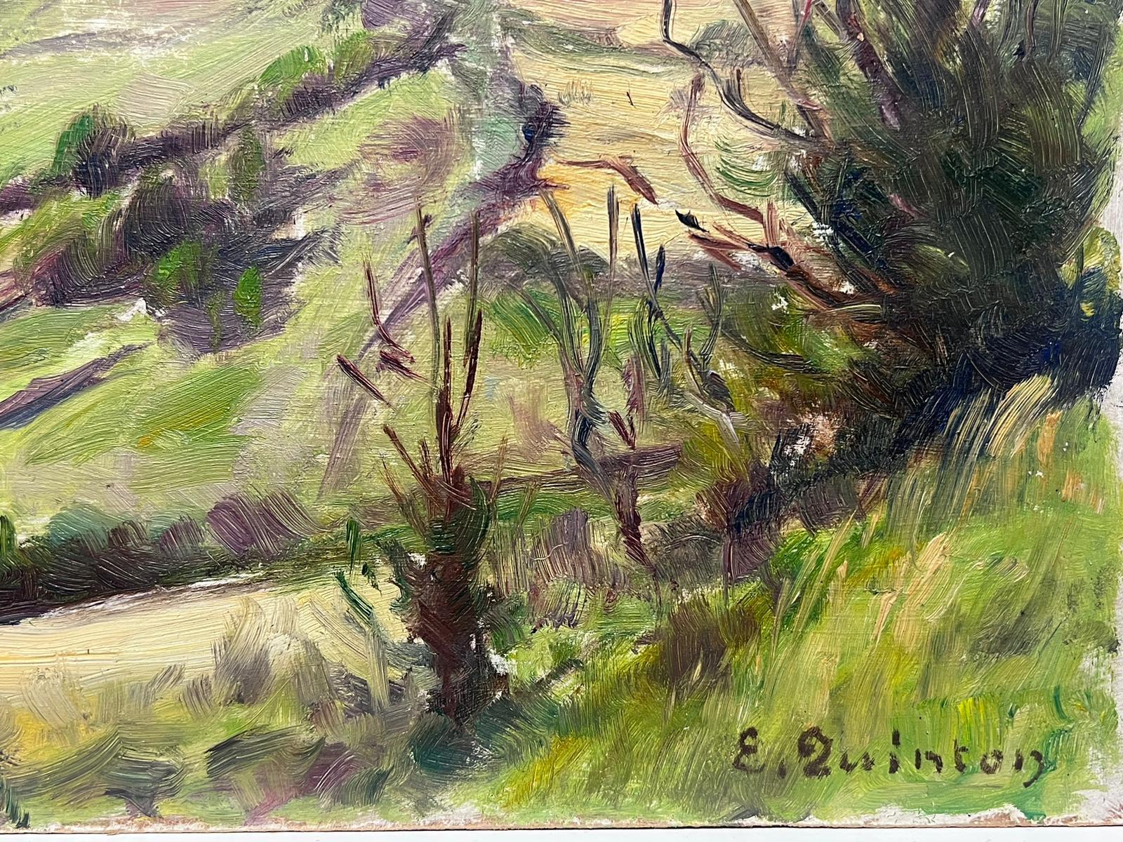 French Impressionist Signed Oil Painting Church On Top Of Steep Green Hill For Sale 1