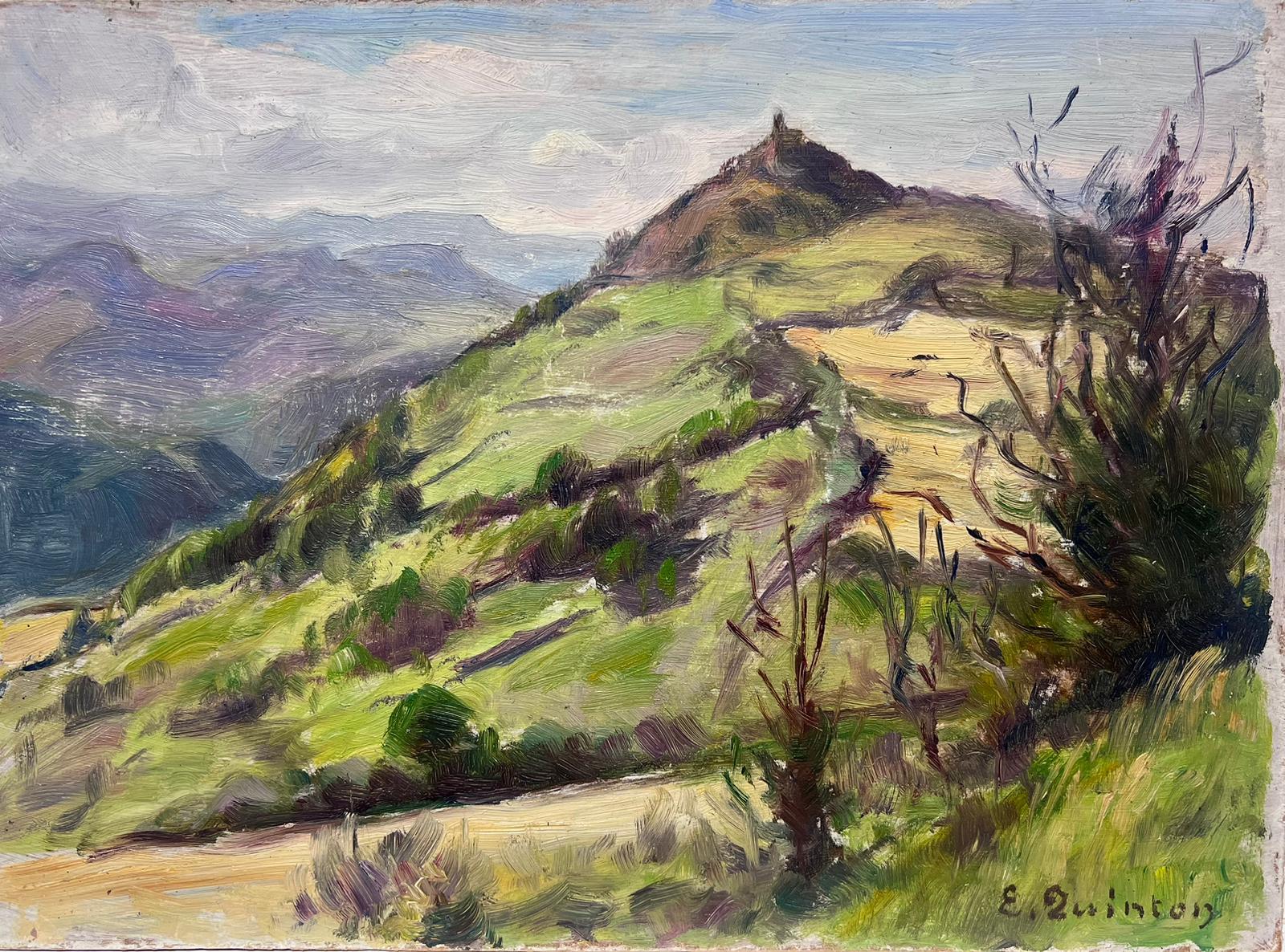 Edmond Quinton Landscape Painting - French Impressionist Signed Oil Painting Church On Top Of Steep Green Hill