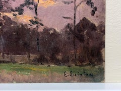 French Impressionist Signed Oil Painting Purple Cloudy Sky Over Tall Tree's