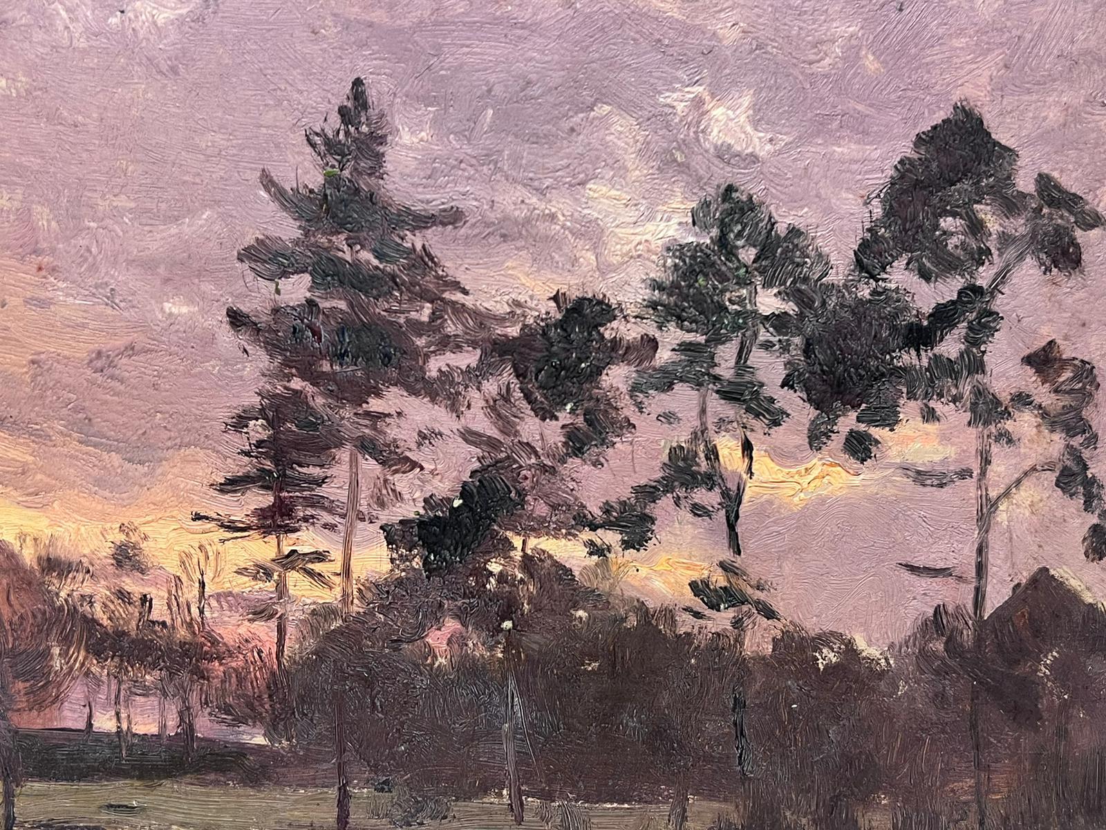 French Impressionist Signed Oil Painting Purple Cloudy Sky Over Tall Tree's For Sale 2