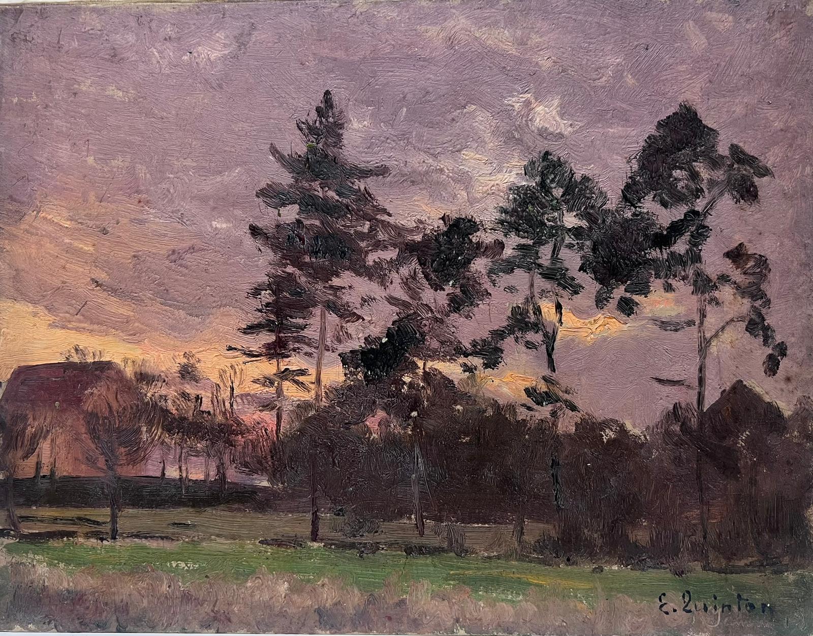 Edmond Quinton Landscape Painting - French Impressionist Signed Oil Painting Purple Cloudy Sky Over Tall Tree's