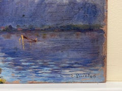 French Impressionist Signed Oil Painting Purple Mountains Reflecting Over River