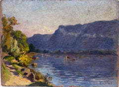 French Impressionist Signed Oil Painting Purple Mountains Reflecting Over River