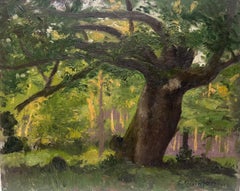 French Impressionist Signed Oil Painting Thick Oak Tree In Summer Woodland