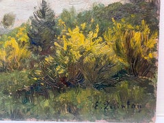 French Impressionist Signed Oil Painting Yellow Flowers Growing In Woodland