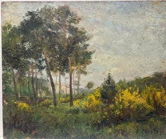 French Impressionist Signed Oil Painting Yellow Flowers Growing In Woodland