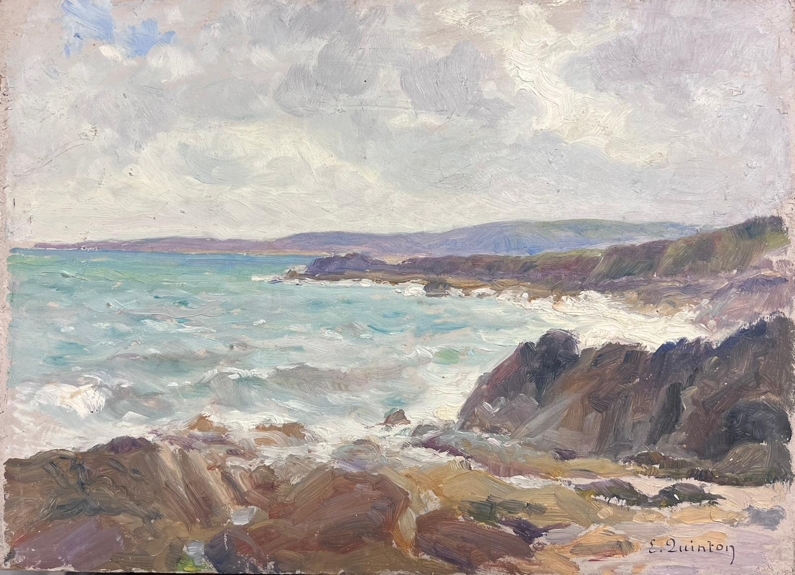 Edmond Quinton Landscape Painting - Rocky Coastline Normandy Scene 1930's French Impressionist Signed Oil Painting 