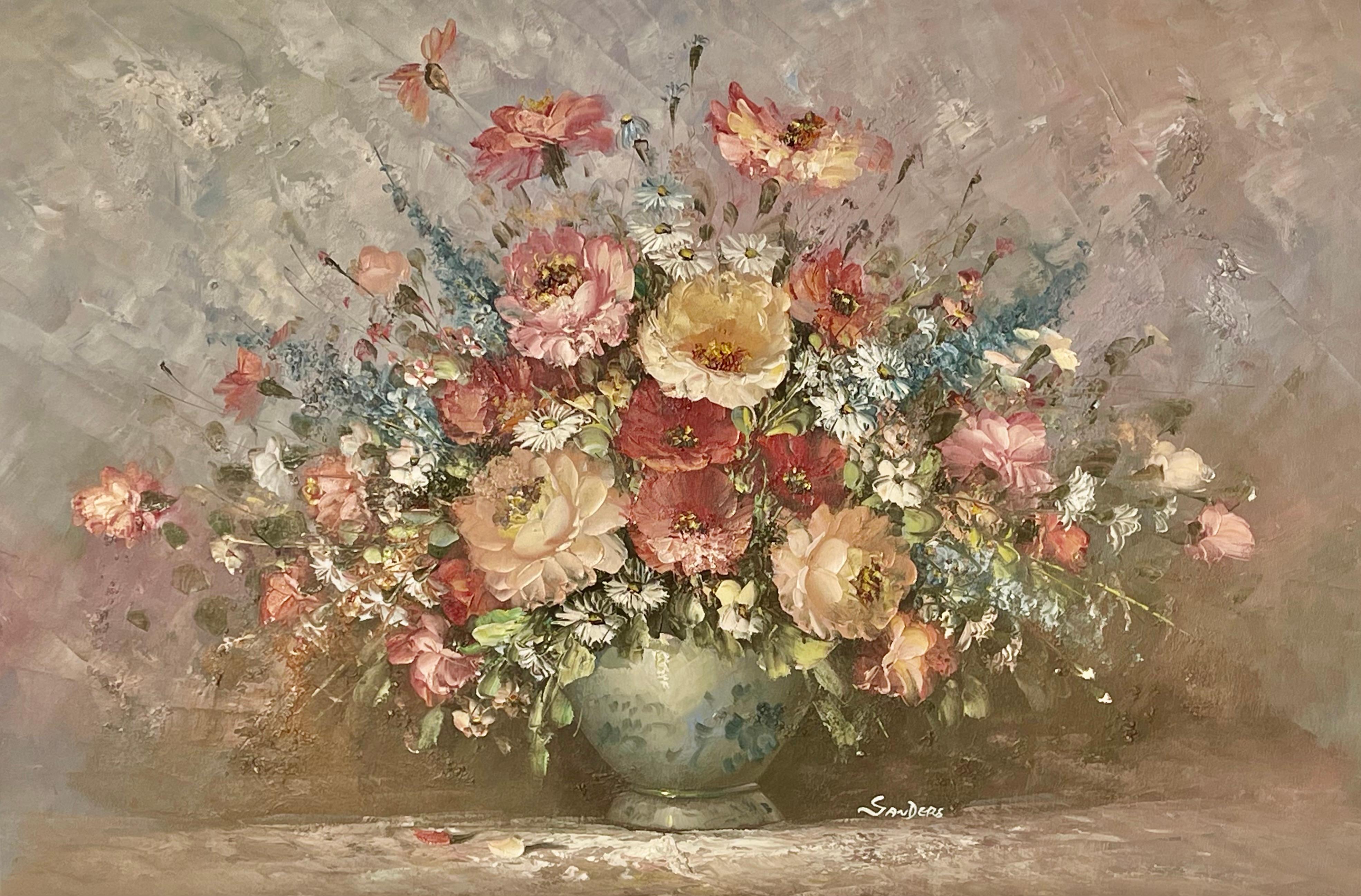 Pintura, óleo sobre lienzo, que representa un magnífico ramo de flores diversas. Firmado abajo a la derecha 