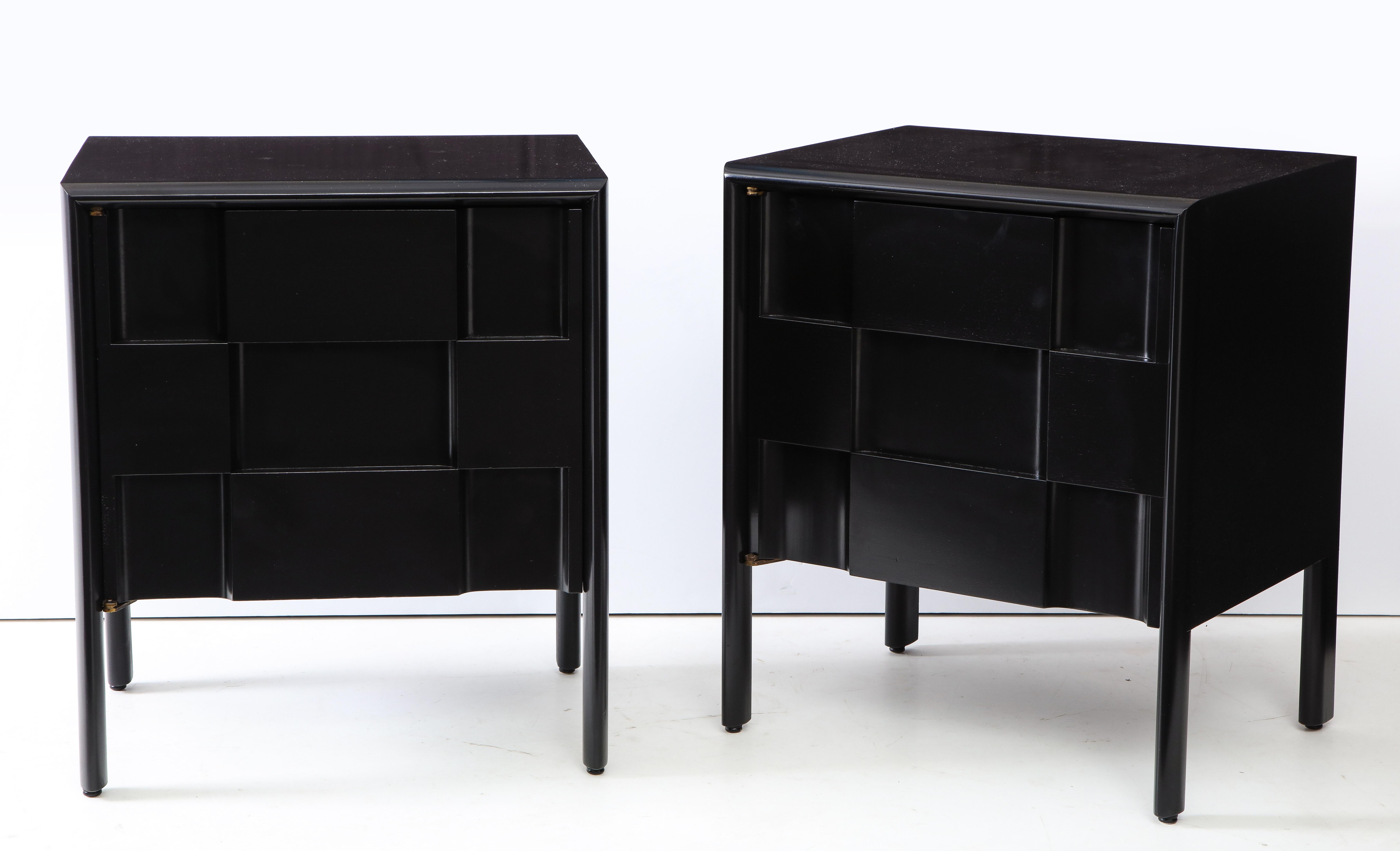 1960s Edmond J Spence checkerboard night stands. Newly refinished in black lacquer.
