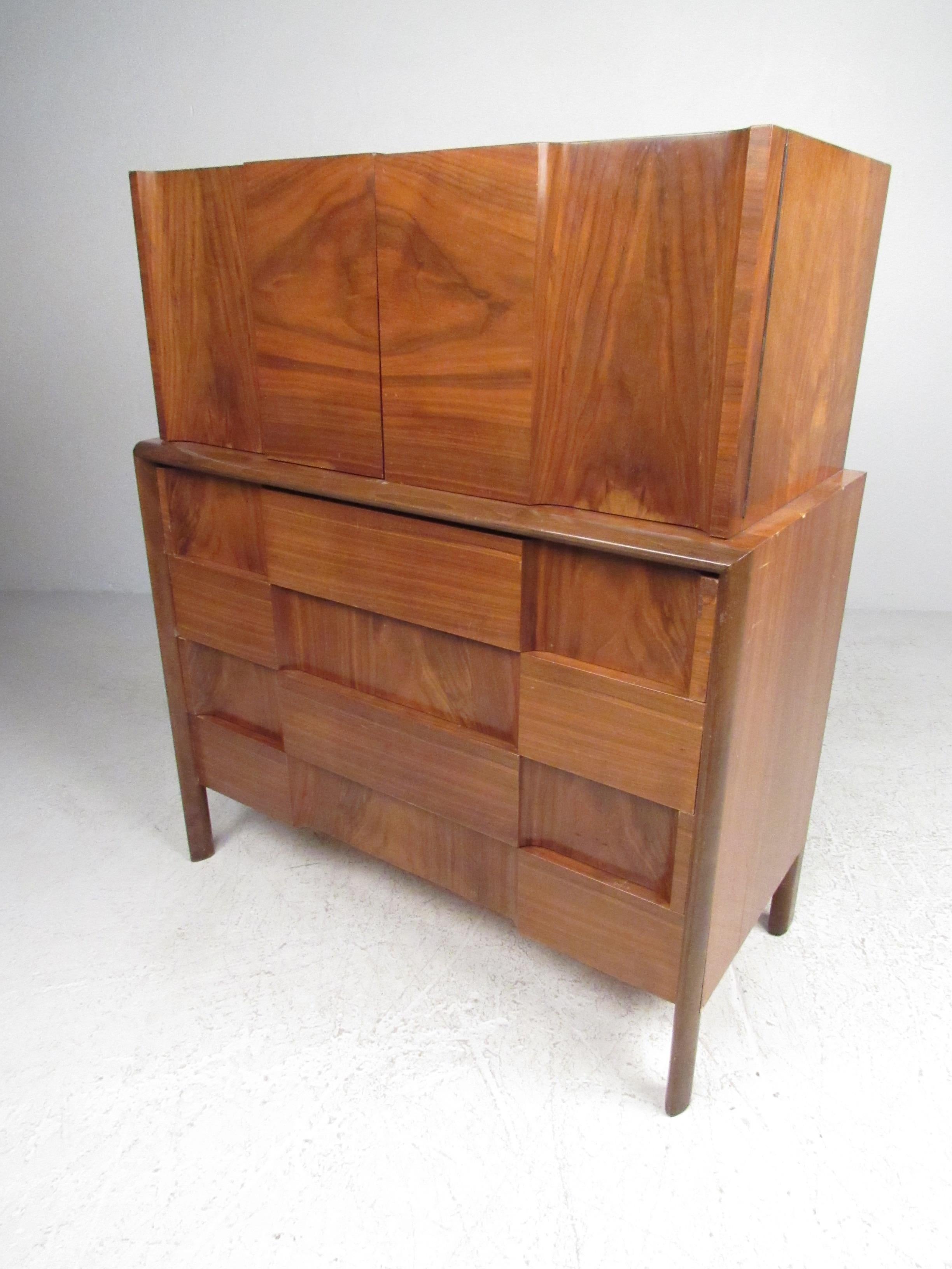 Tall chest of drawers with checkerboard pattern. Designed by Edmond Spence, with Mid-Century Modern lines.
Please confirm location NY or NJ.