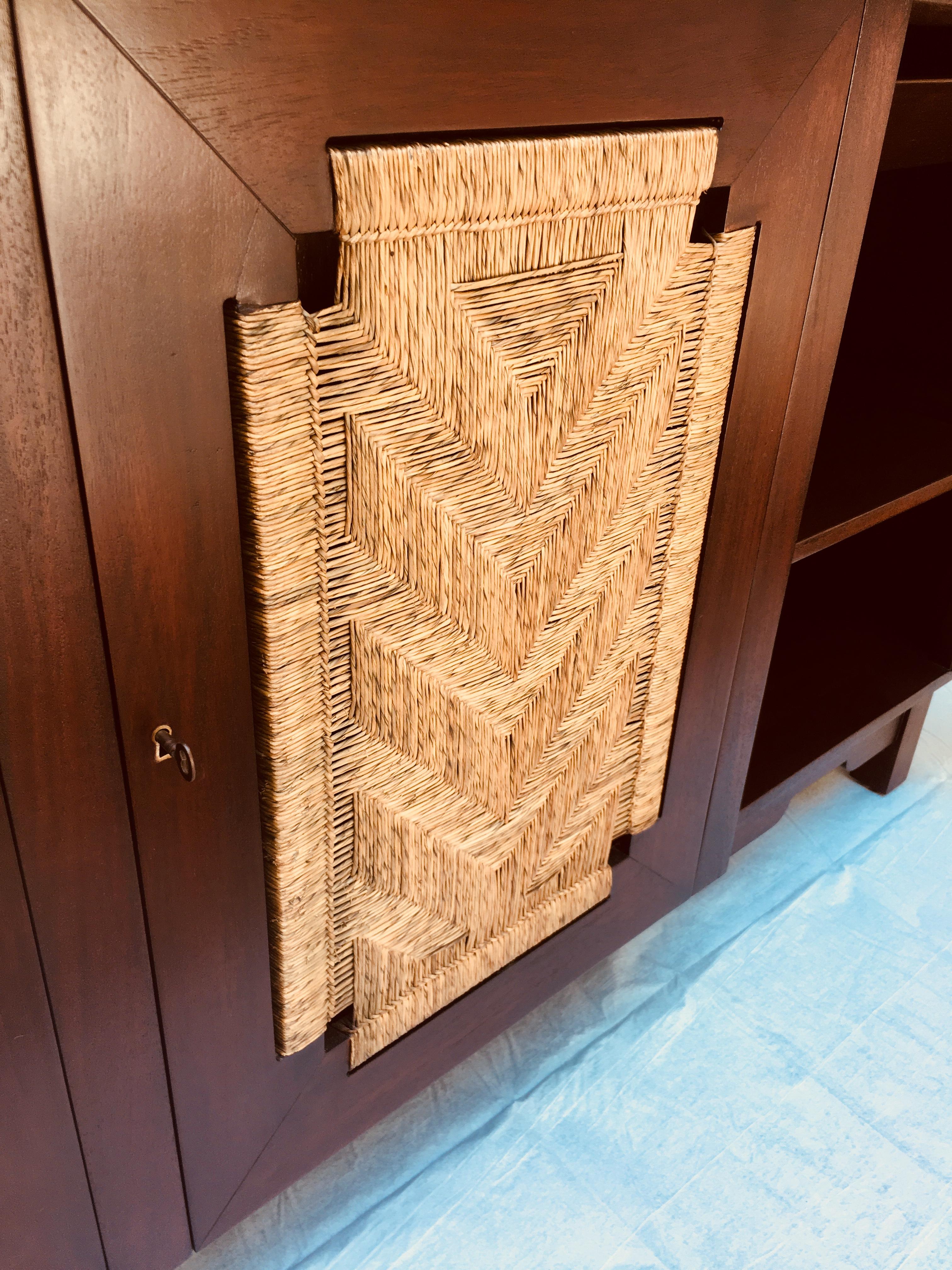 Mexican Edmond Spence Mahogany Sideboard Woven Sea Grass Faced Doors Industrial Mueblera For Sale