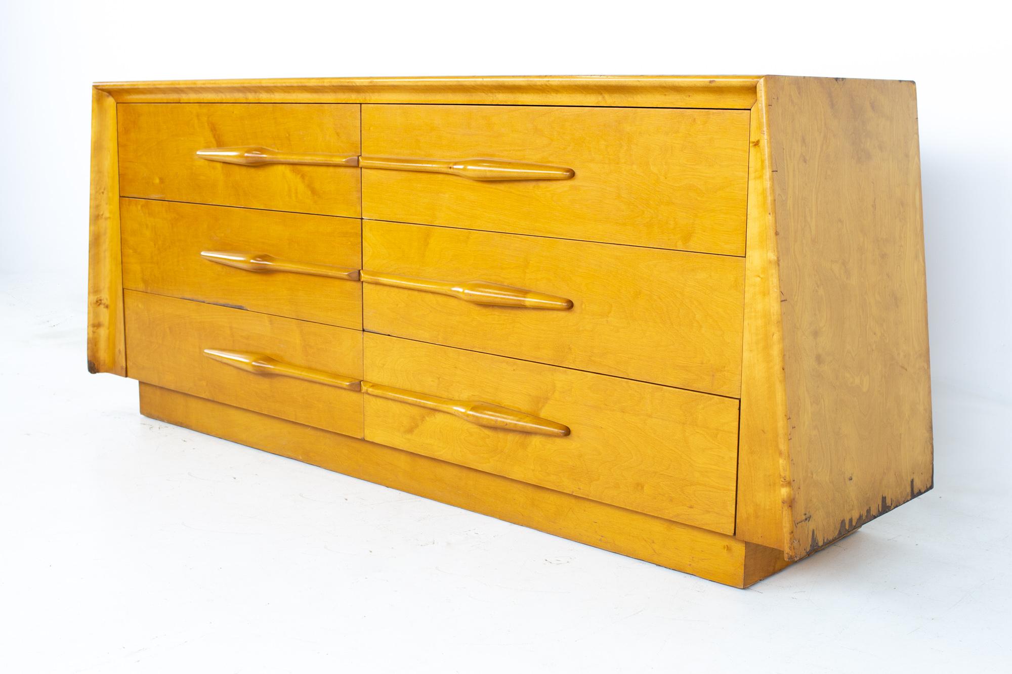 Edmond Spence Mid Century Maple 6 Drawer Lowboy Dresser

Dresser measures: 80 wide x 20.5 deep x 23.25 inches high

All pieces of furniture can be had in what we call restored vintage condition. That means the piece is restored upon purchase so it’s