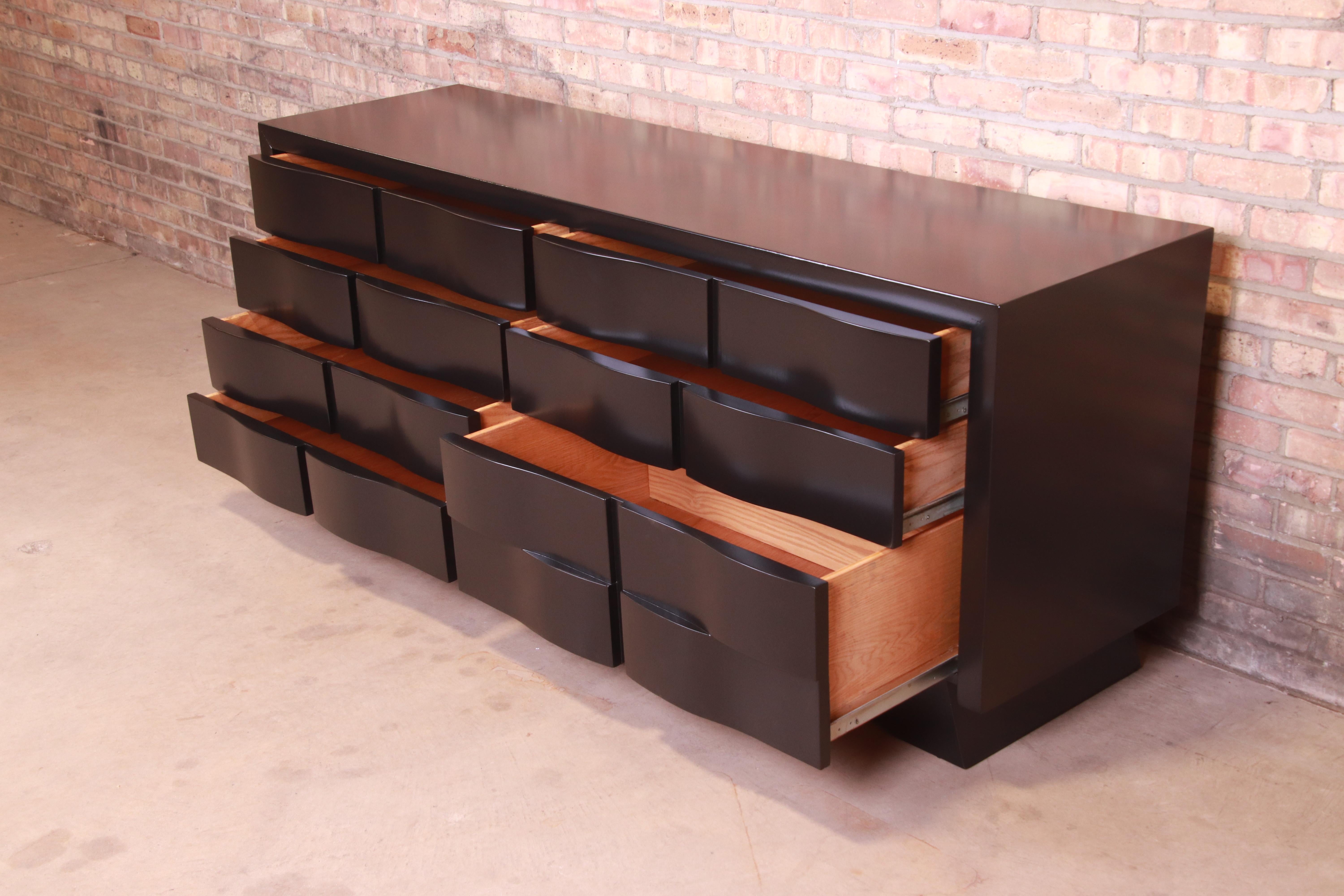 Edmond Spence Style Black Lacquered Wave Front Dresser or Credenza, Refinished 4