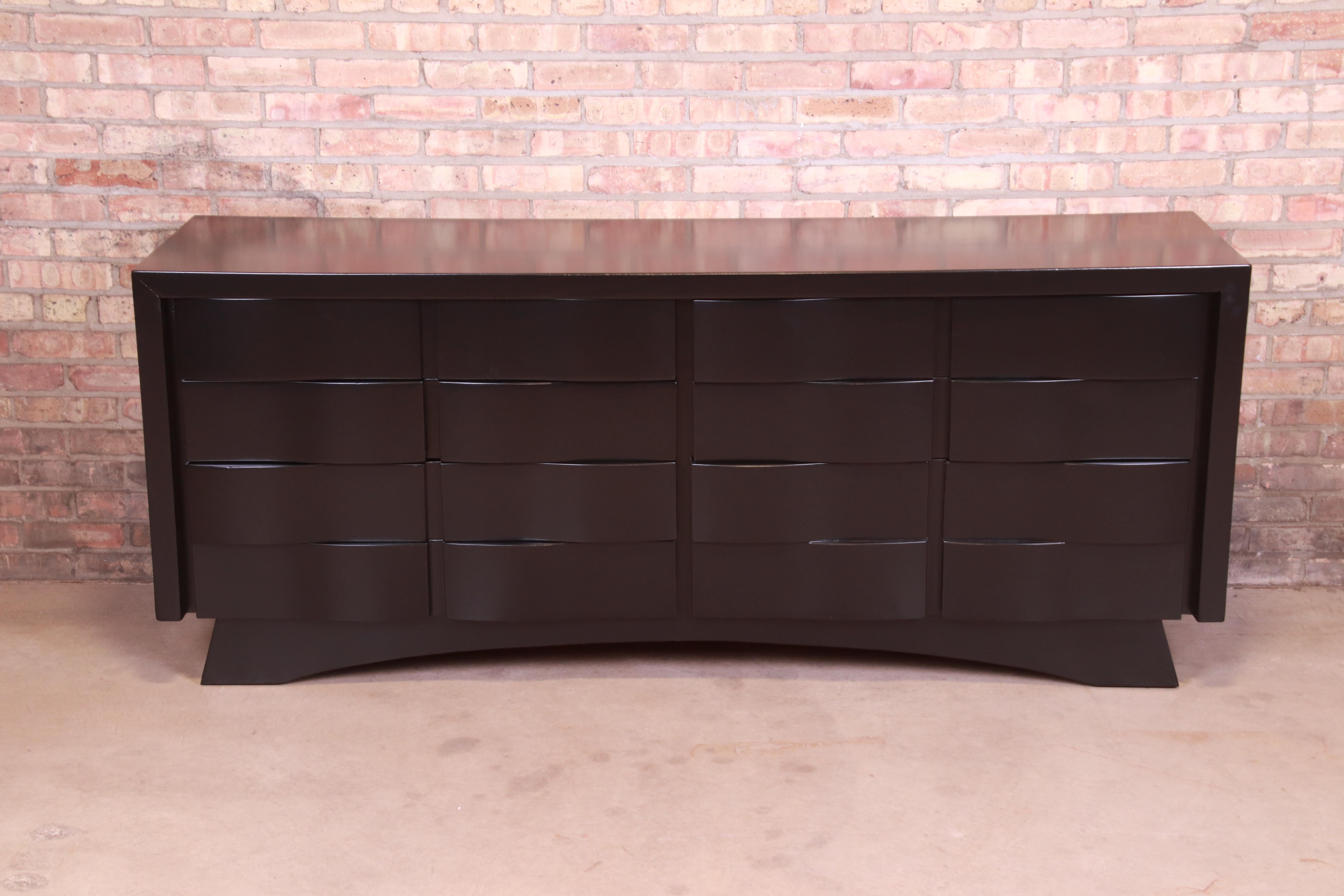 Mid-Century Modern Edmond Spence Style Black Lacquered Wave Front Dresser or Credenza, Refinished