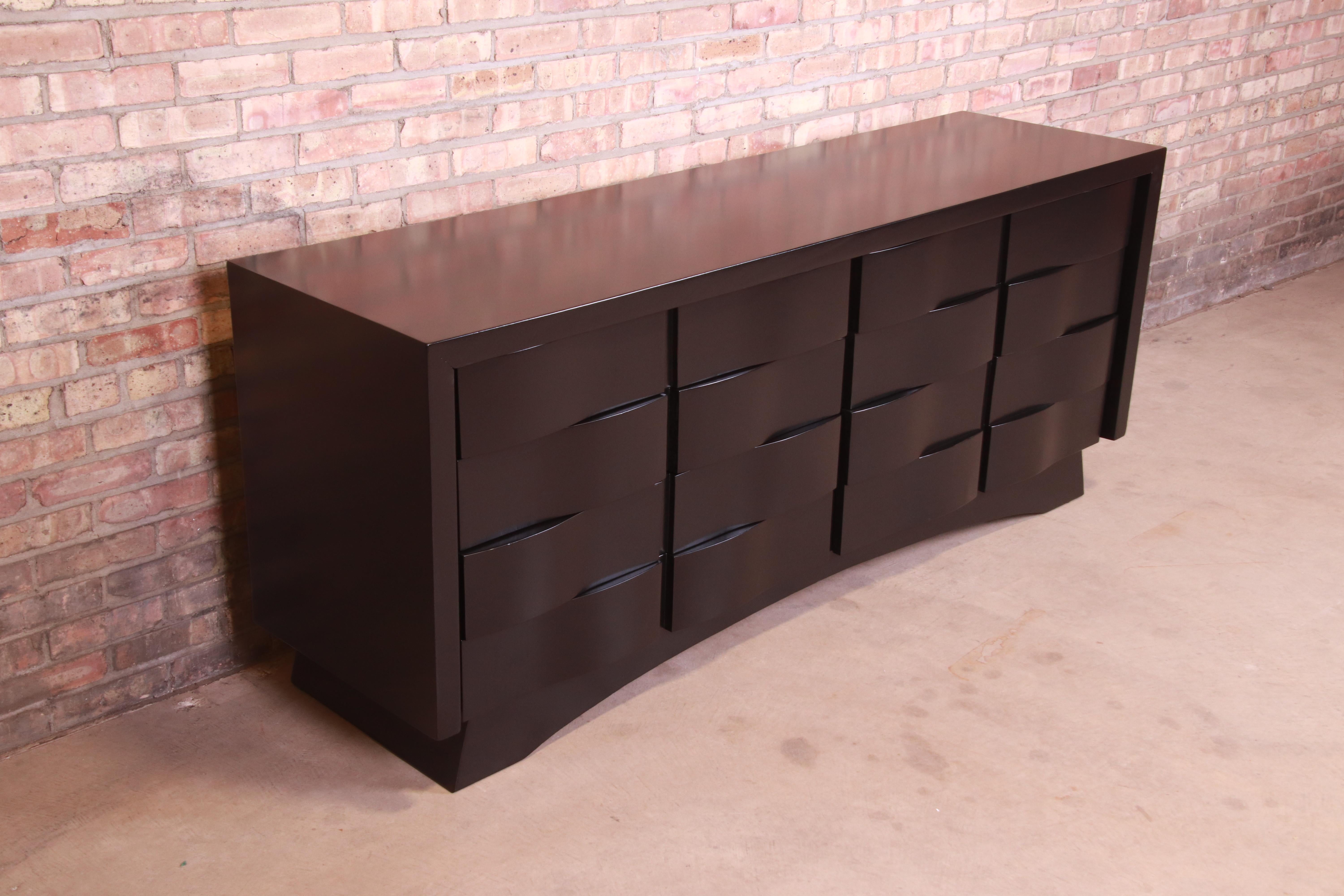 20th Century Edmond Spence Style Black Lacquered Wave Front Dresser or Credenza, Refinished