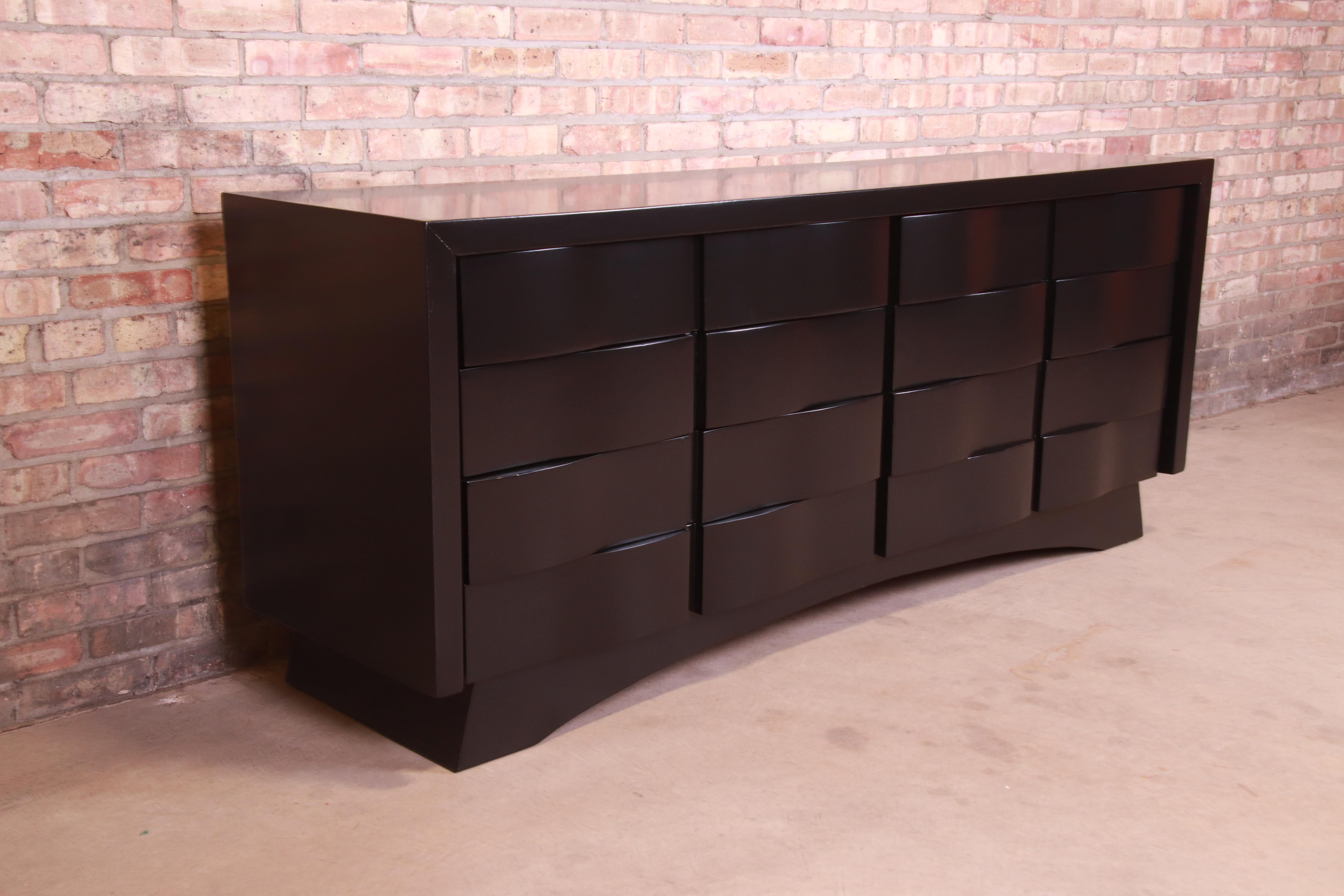 Wood Edmond Spence Style Black Lacquered Wave Front Dresser or Credenza, Refinished