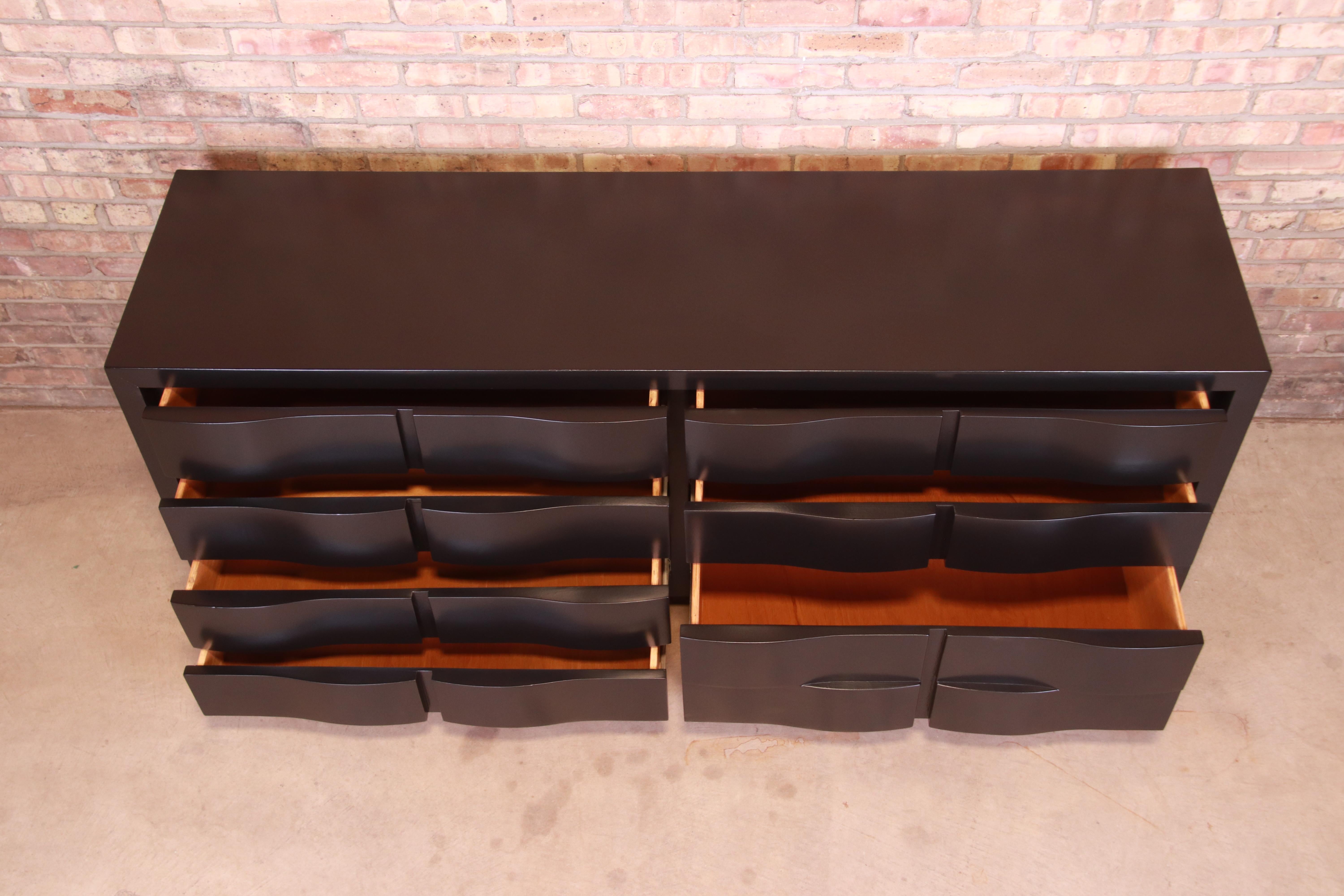 Edmond Spence Style Black Lacquered Wave Front Dresser or Credenza, Refinished 2