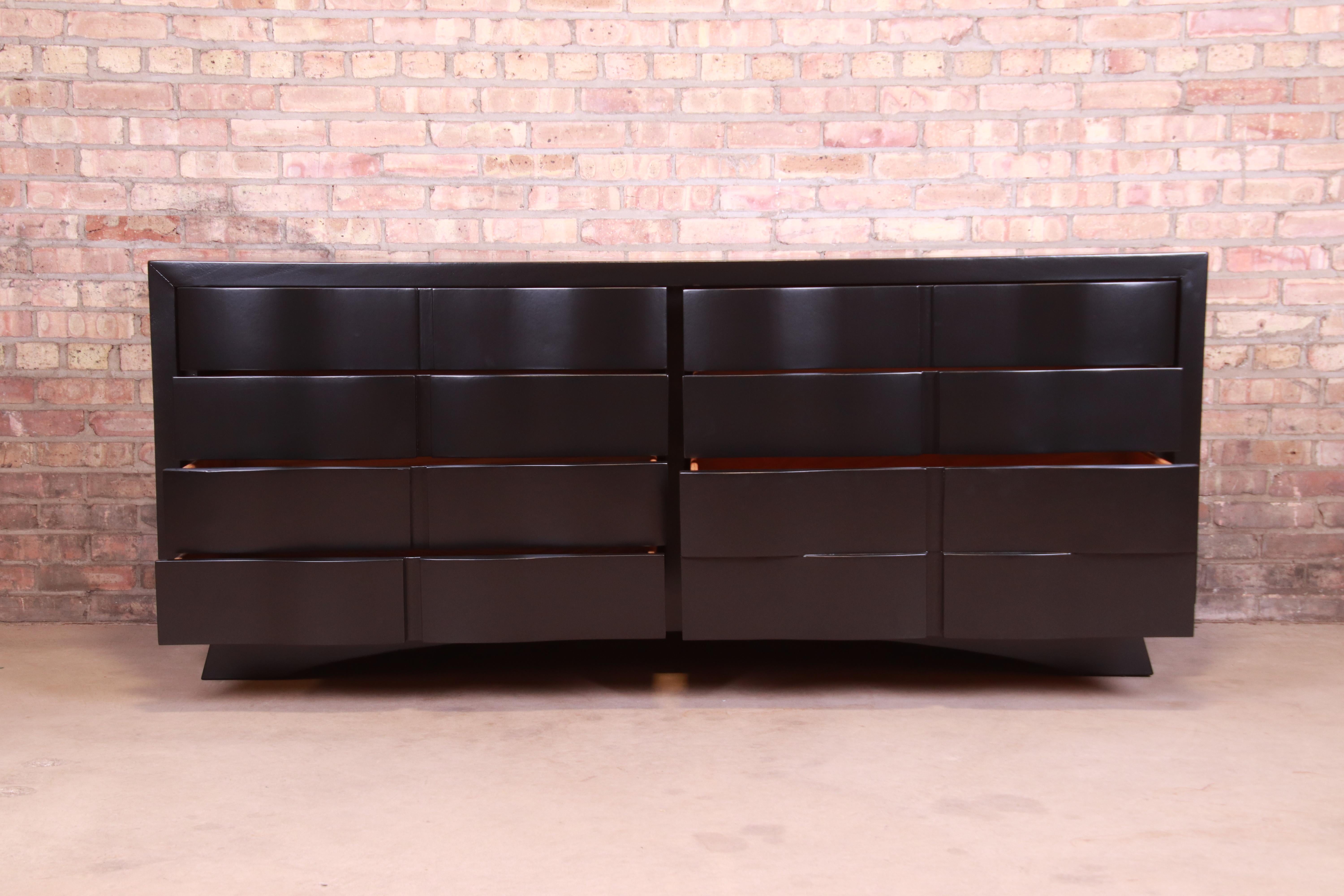 Edmond Spence Style Black Lacquered Wave Front Dresser or Credenza, Refinished 3