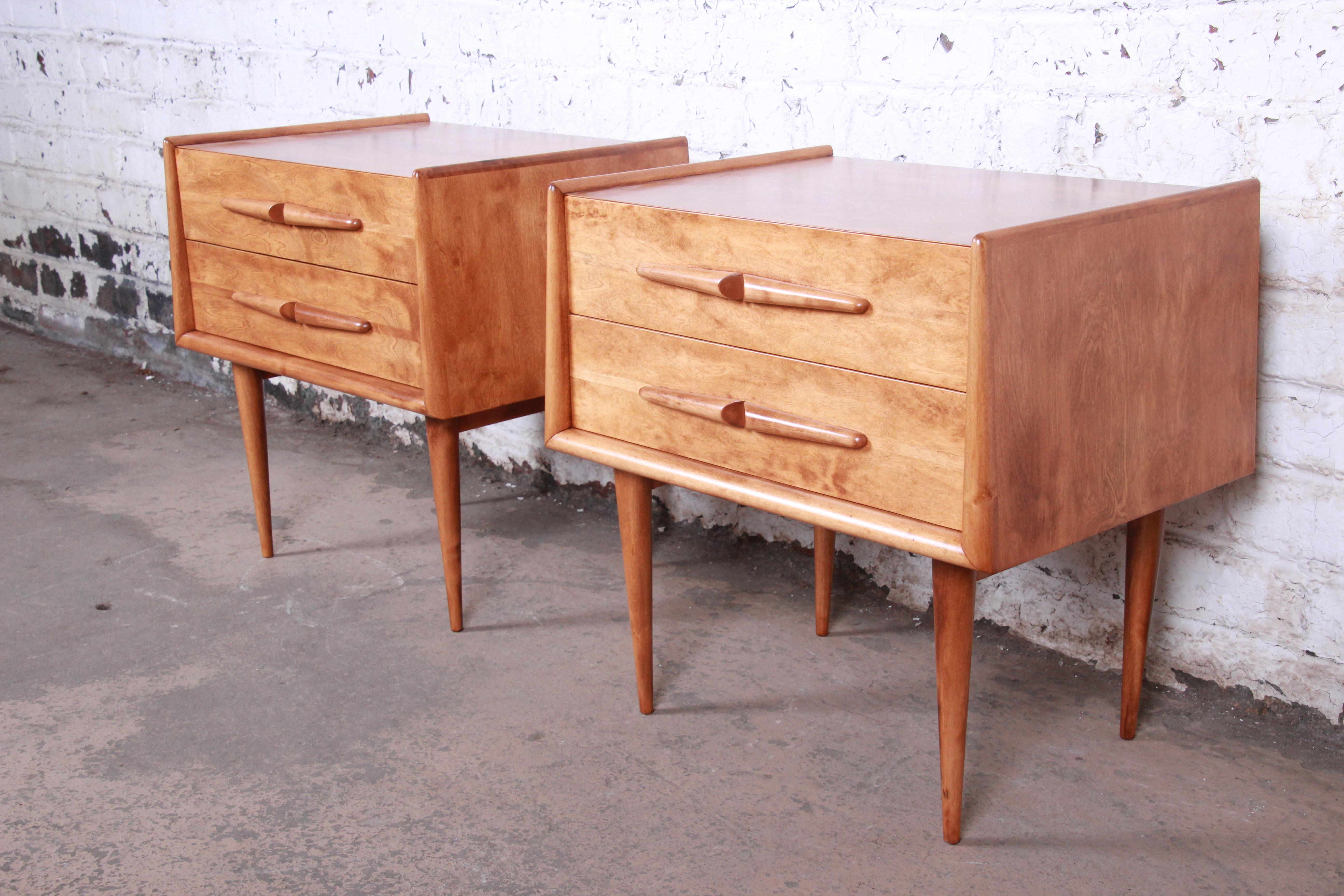 Edmond Spence Swedish Modern Birch Nightstands, Newly Restored In Good Condition In South Bend, IN
