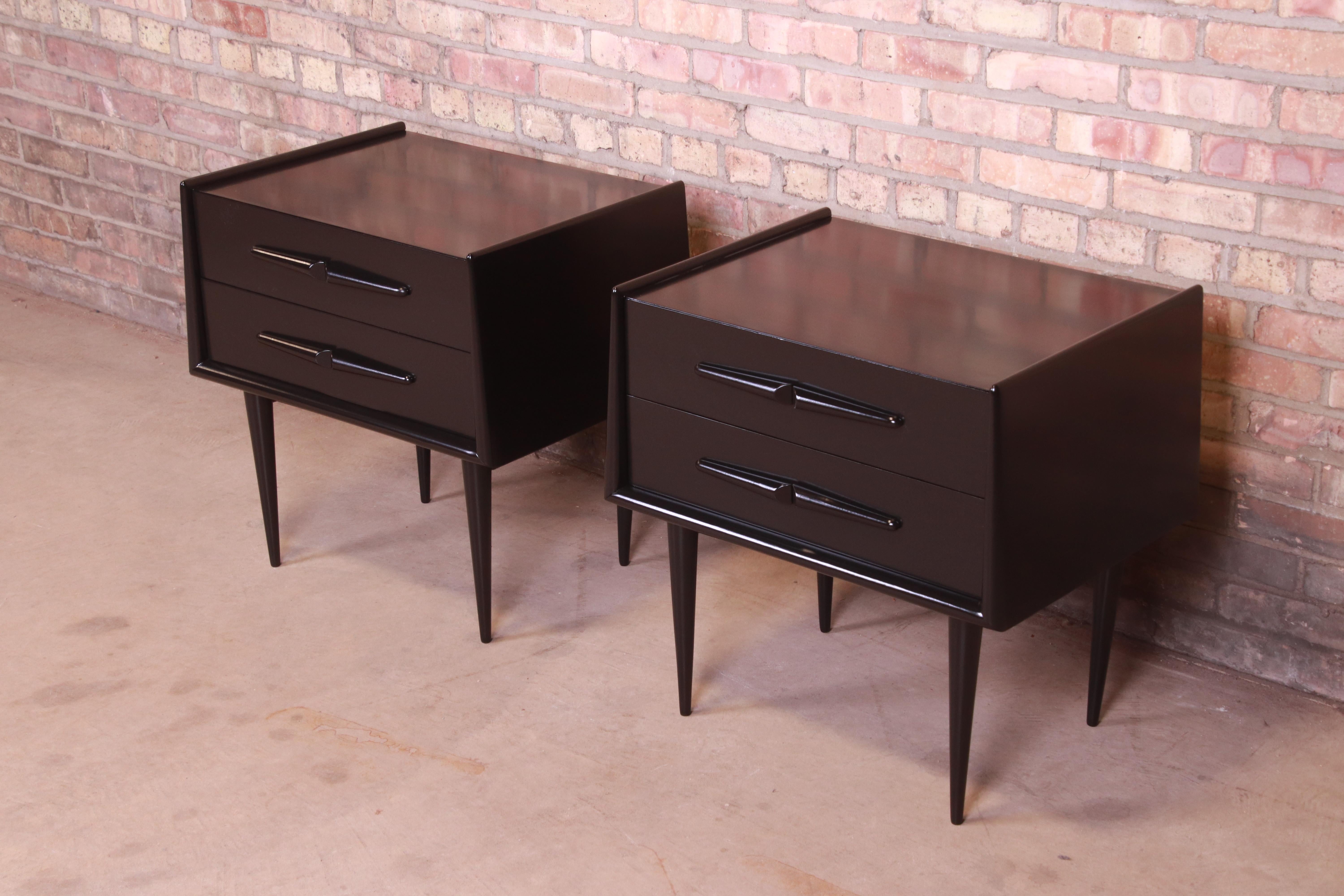 Edmond Spence Swedish Modern Black Lacquered Birch Nightstands, Newly Refinished In Good Condition In South Bend, IN