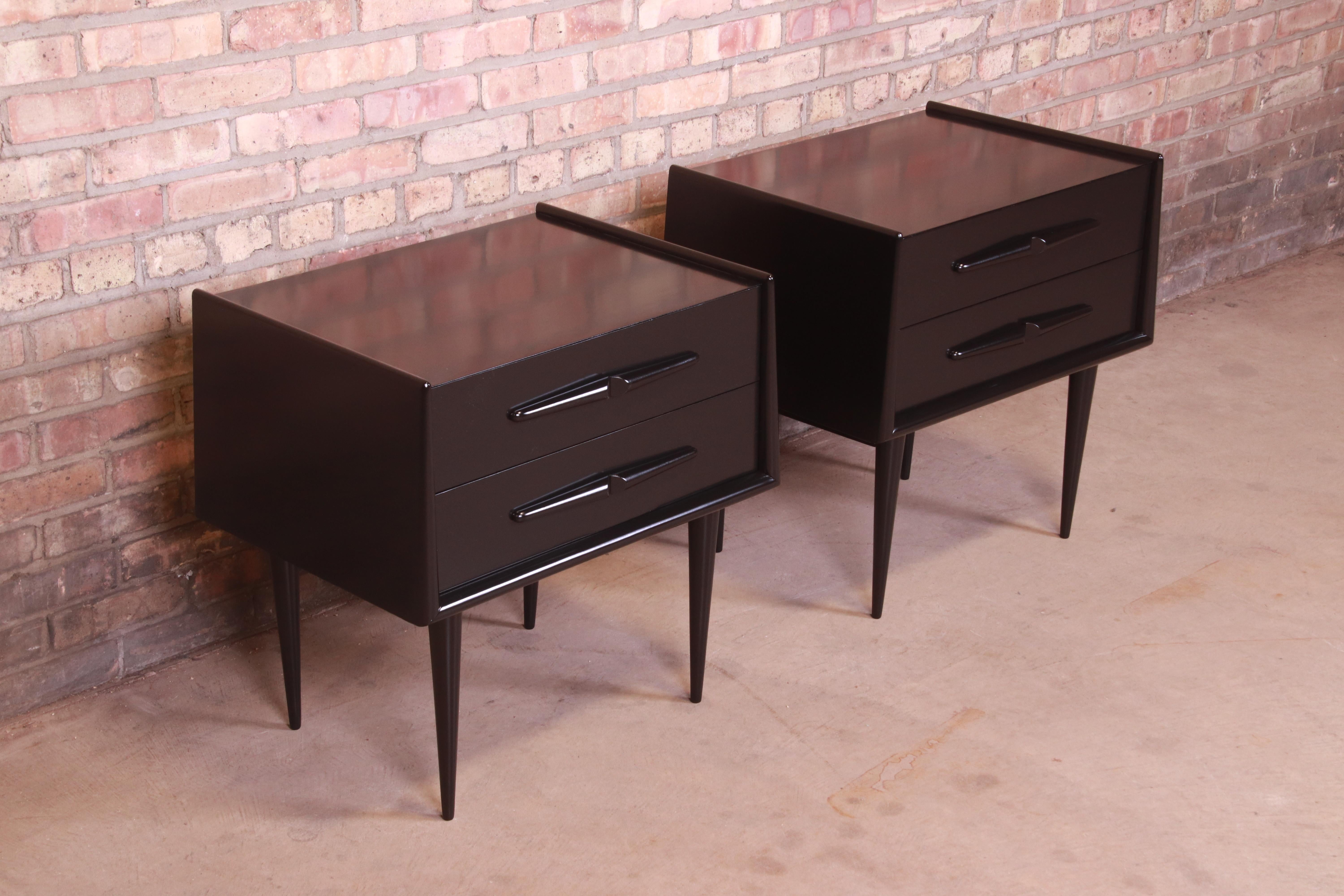 Mid-20th Century Edmond Spence Swedish Modern Black Lacquered Birch Nightstands, Newly Refinished