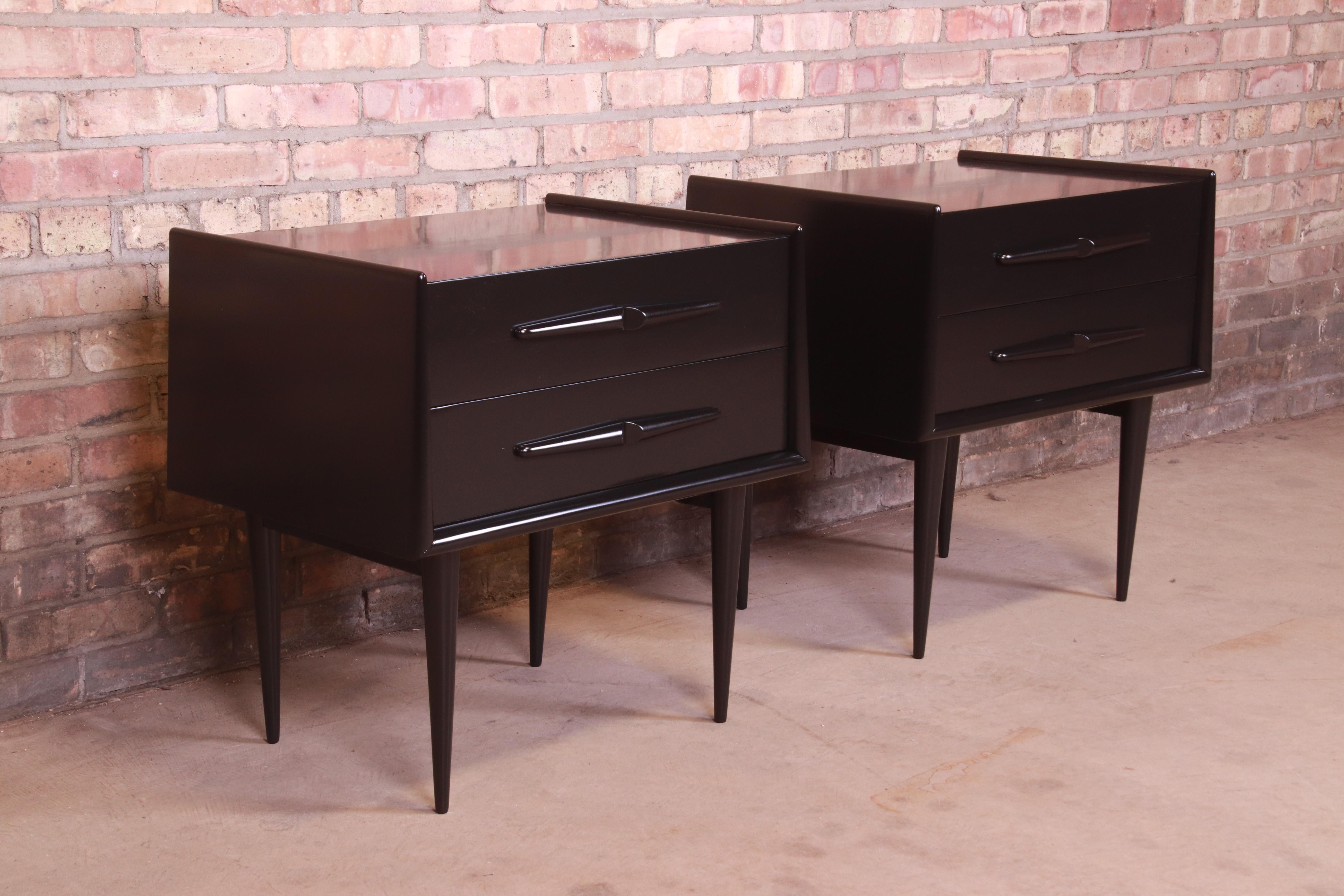Edmond Spence Swedish Modern Black Lacquered Birch Nightstands, Newly Refinished 1