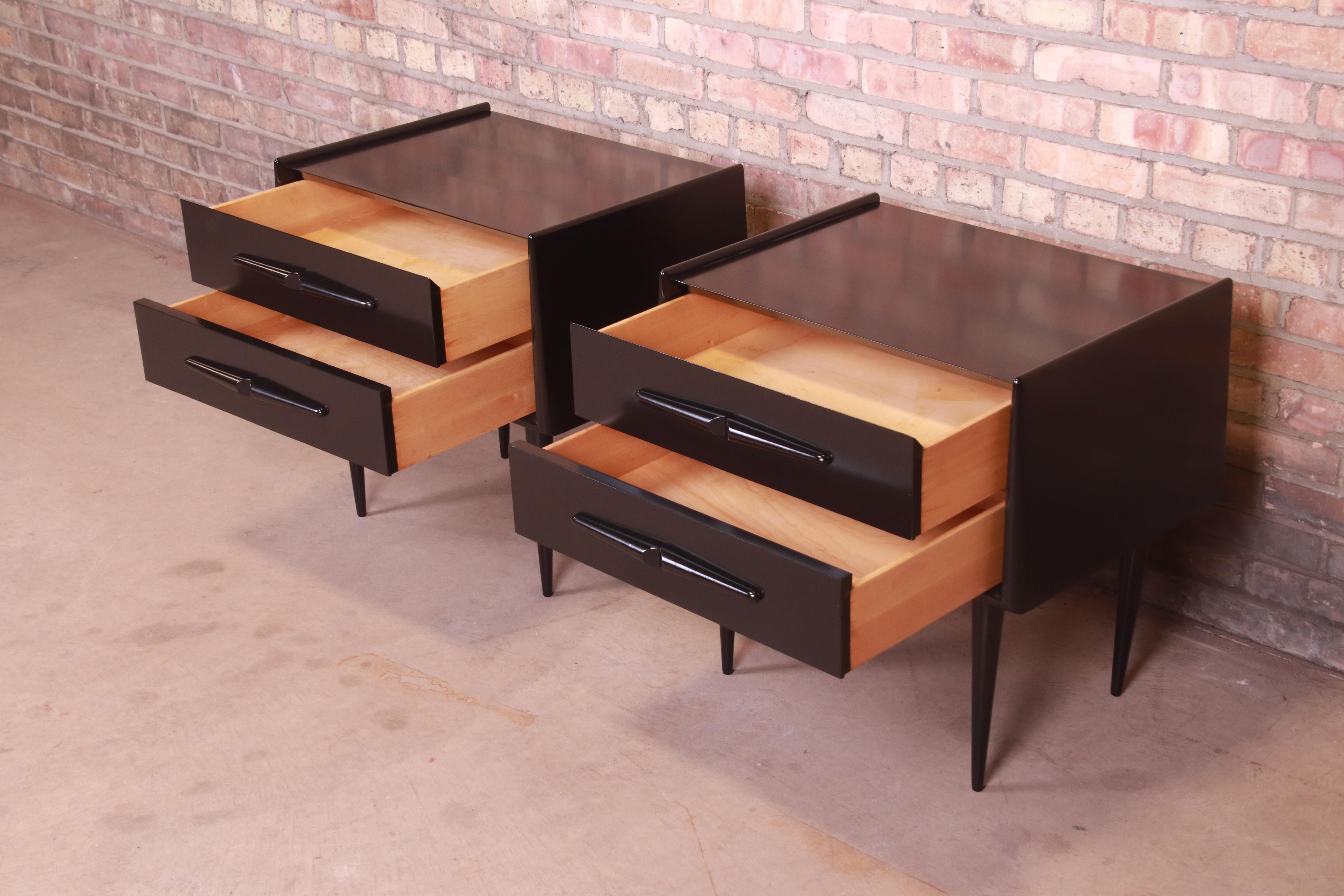 Edmond Spence Swedish Modern Black Lacquered Birch Nightstands, Newly Refinished 4