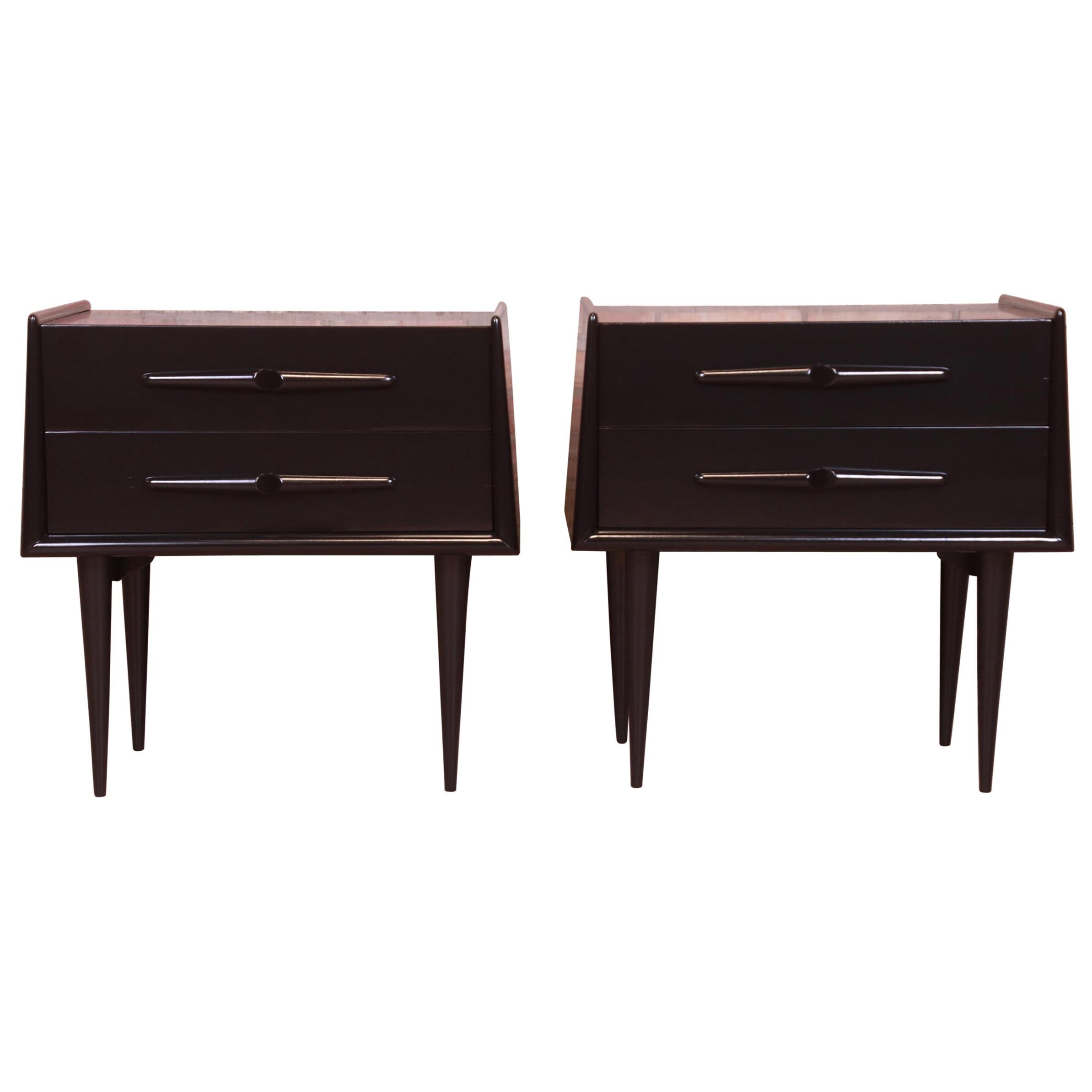 Edmond Spence Swedish Modern Black Lacquered Birch Nightstands, Newly Refinished