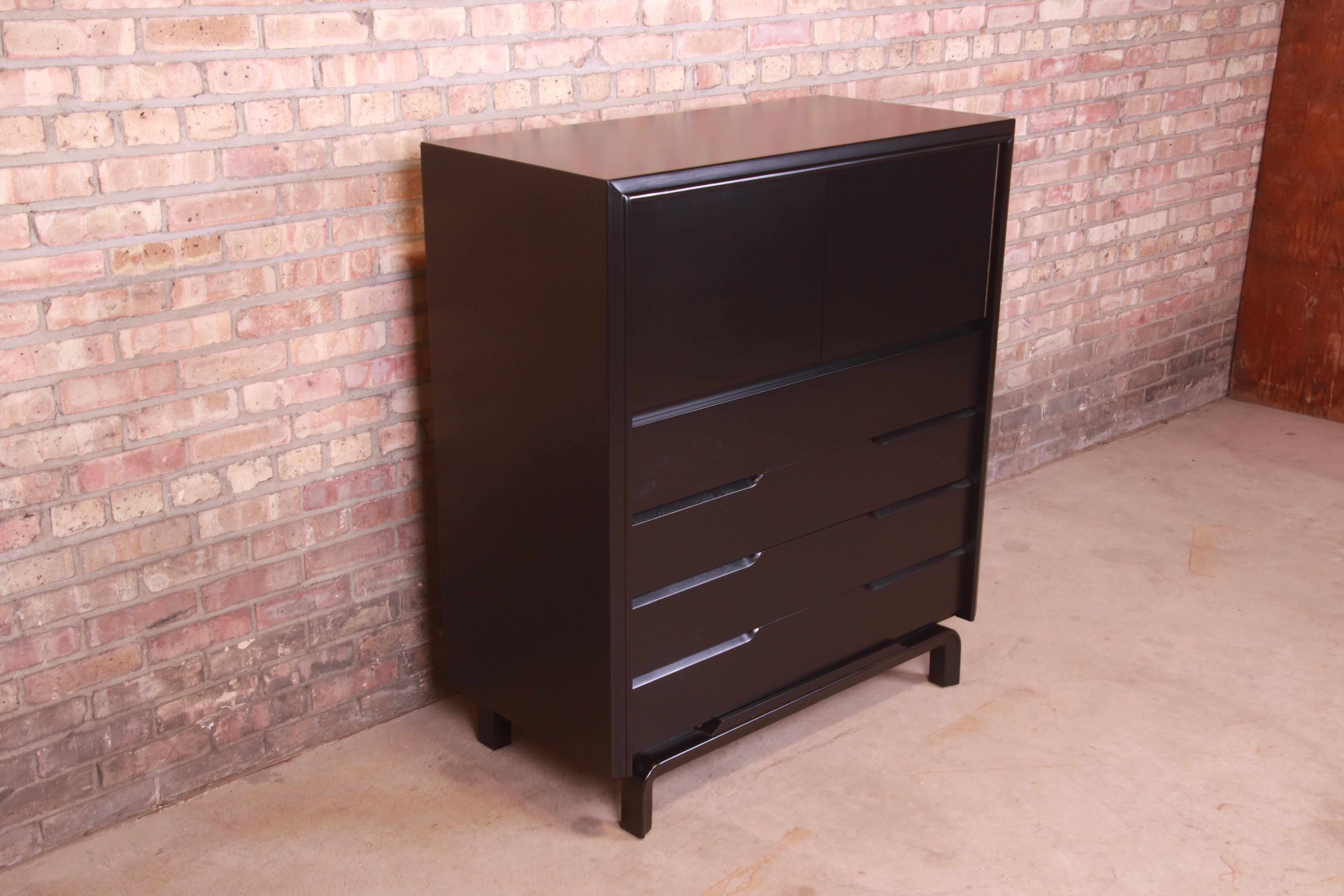 Birch Edmond Spence Swedish Modern Black Lacquered Gentleman's Chest, Newly Refinished