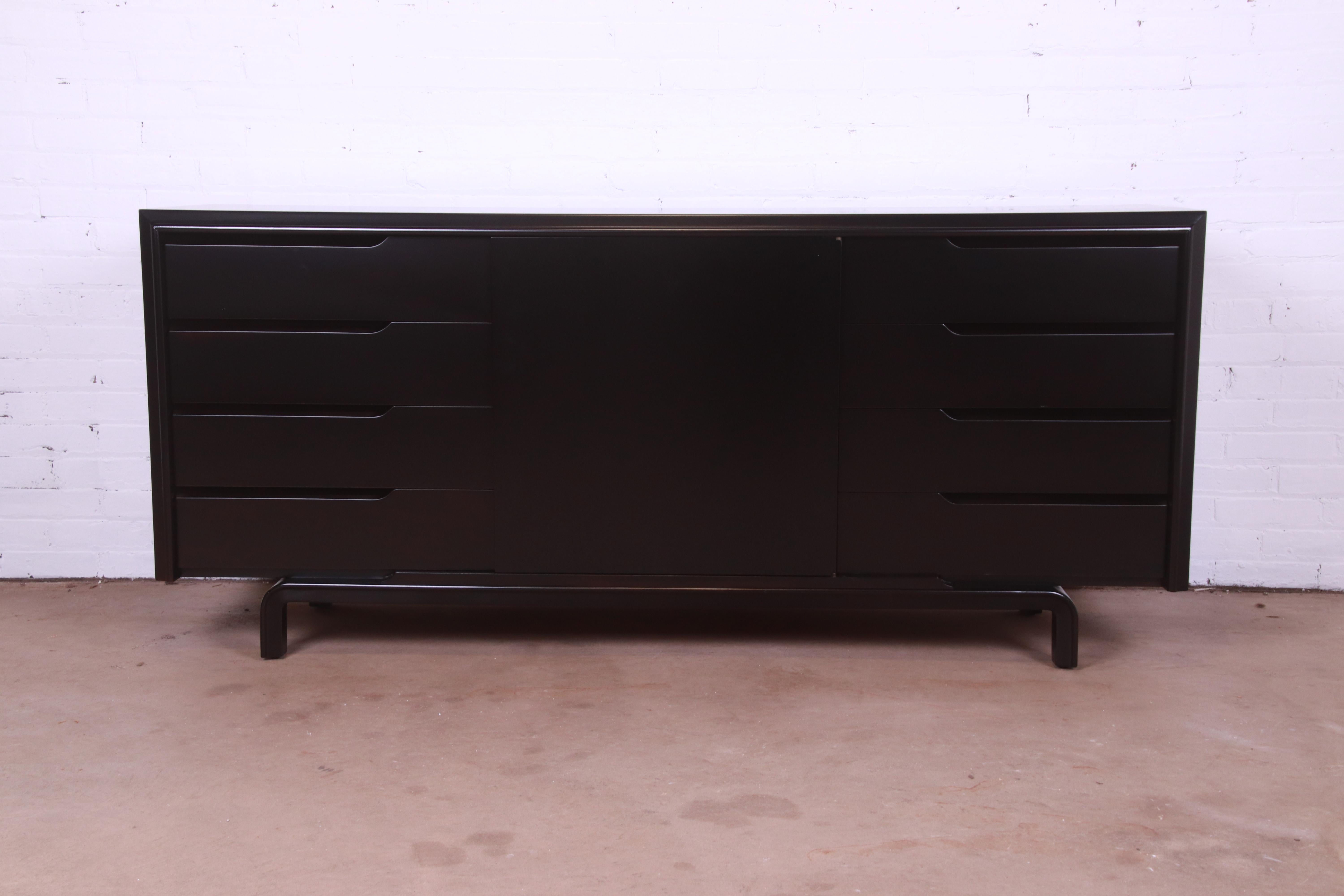 Mid-Century Modern Edmond Spence Swedish Modern Black Lacquered Sideboard Credenza, Refinished For Sale