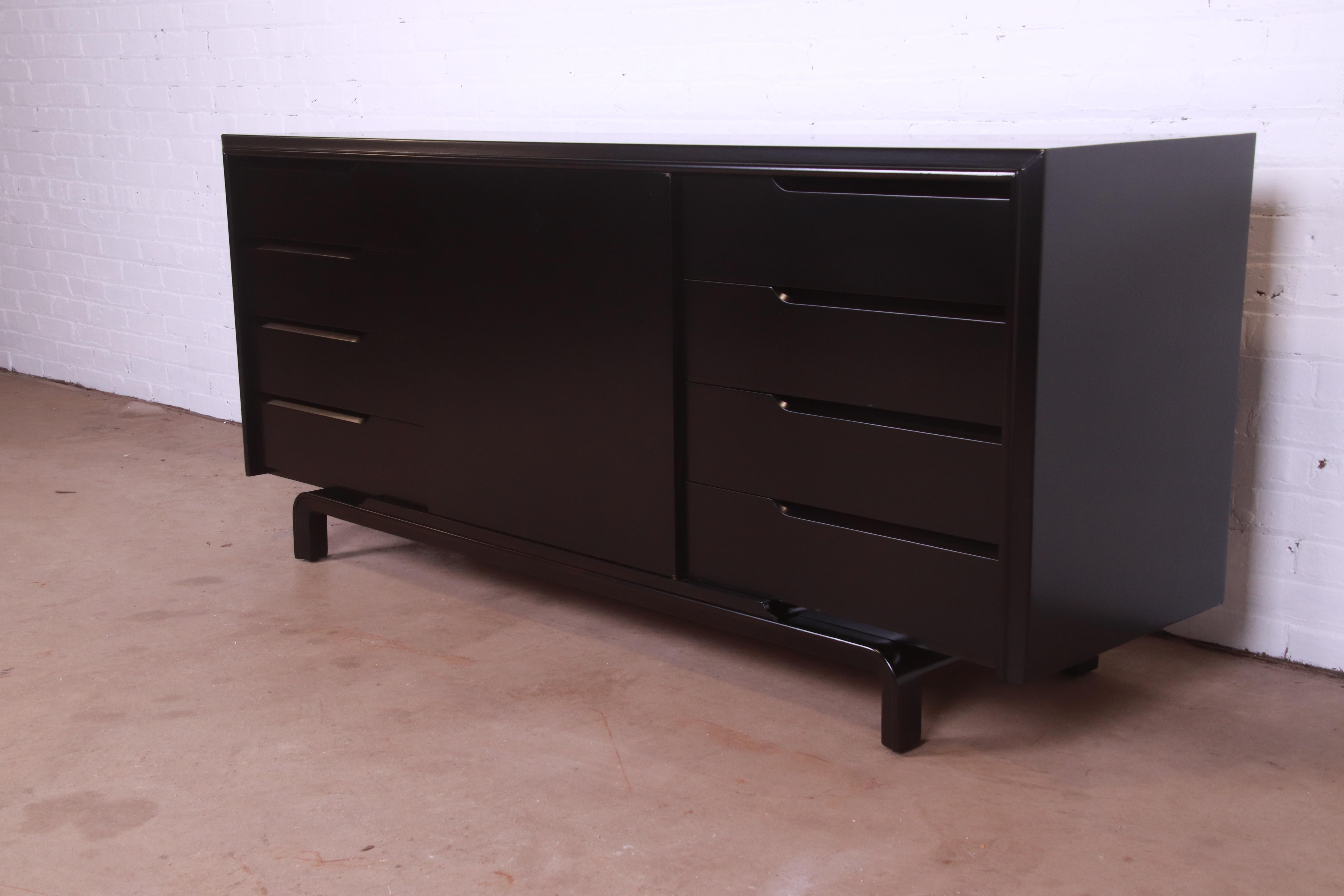 Mid-20th Century Edmond Spence Swedish Modern Black Lacquered Sideboard Credenza, Refinished For Sale