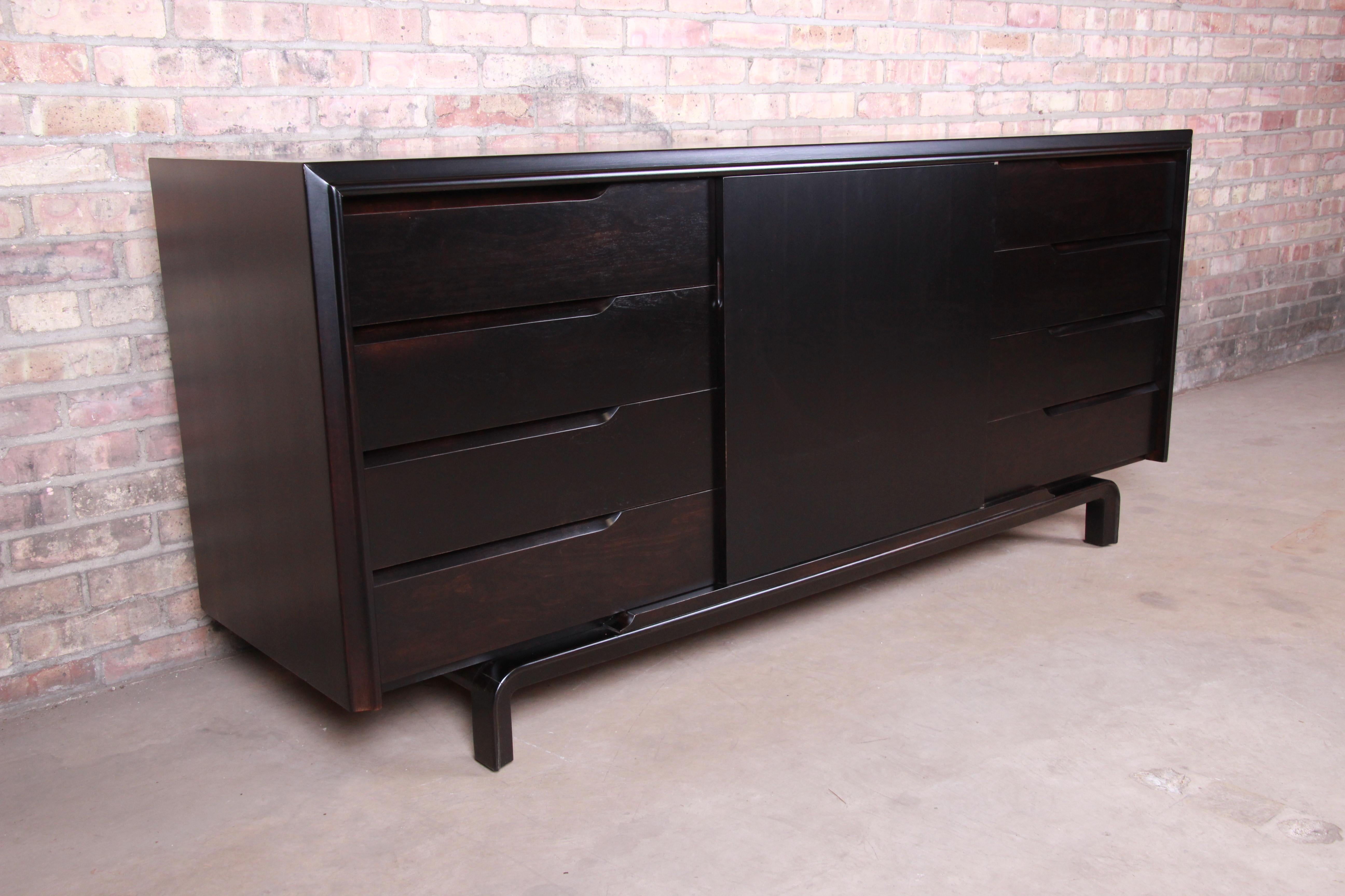 Edmond Spence Swedish Modern Ebonized Sideboard Credenza, Newly Refinished In Good Condition In South Bend, IN