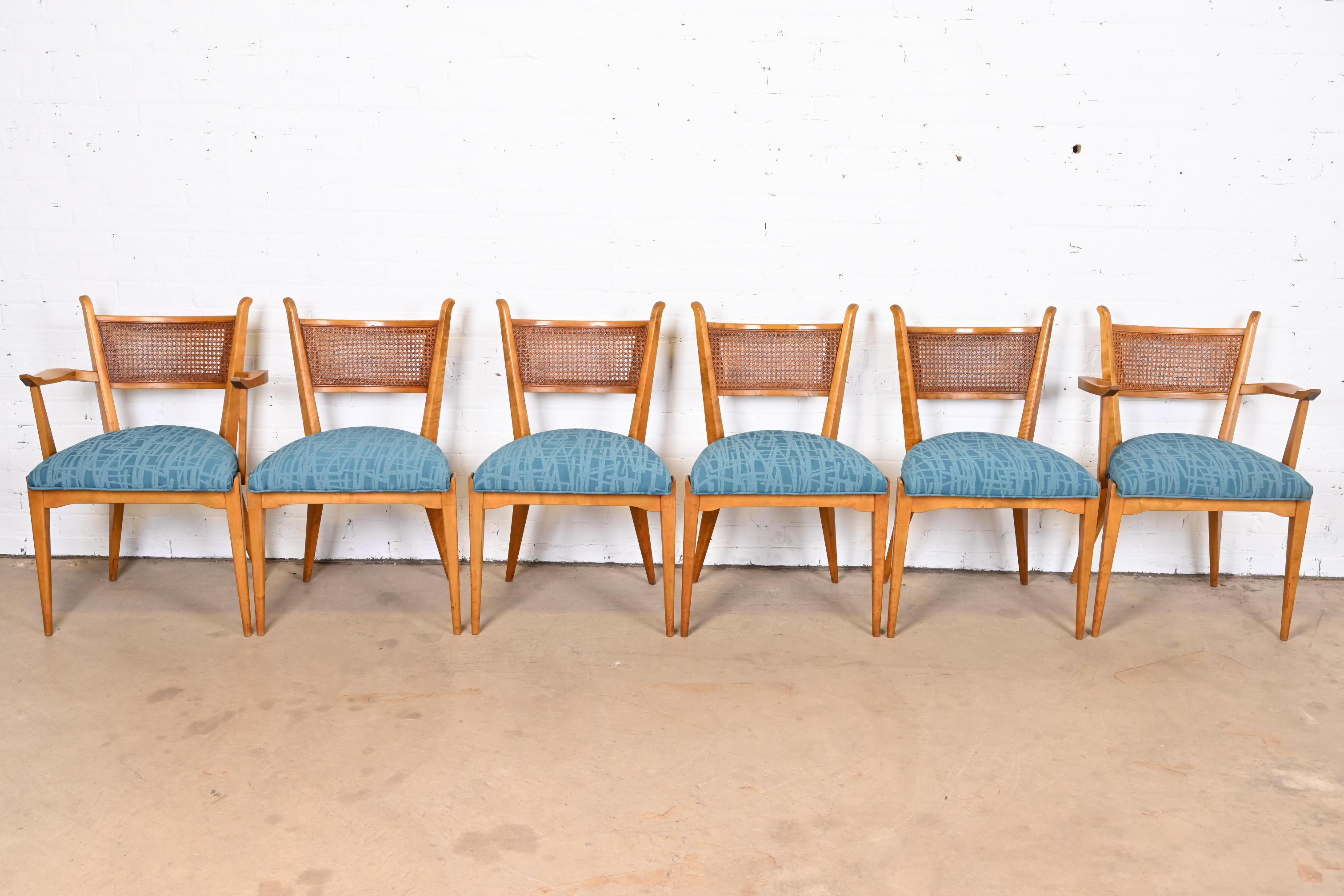 Scandinavian Modern Edmond Spence Swedish Modern Maple and Cane Dining Chairs, Newly Reupholstered For Sale