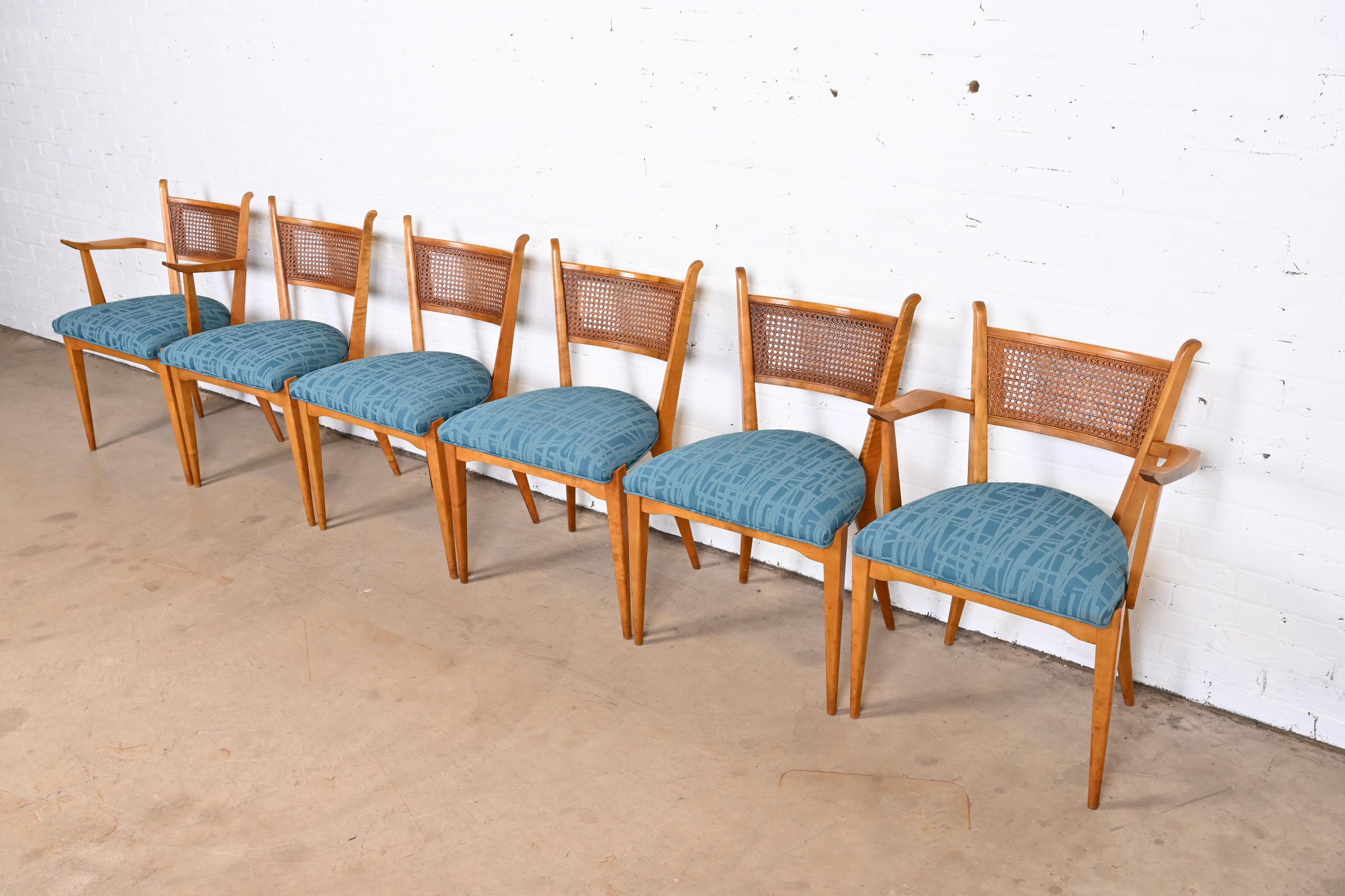 Edmond Spence Swedish Modern Maple and Cane Dining Chairs, Newly Reupholstered In Good Condition For Sale In South Bend, IN