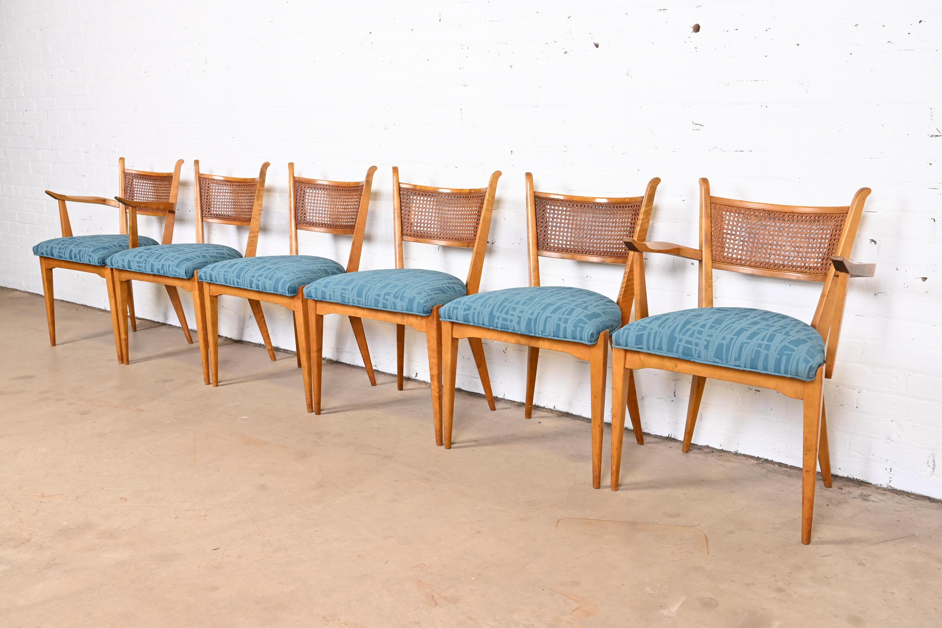 Mid-20th Century Edmond Spence Swedish Modern Maple and Cane Dining Chairs, Newly Reupholstered For Sale