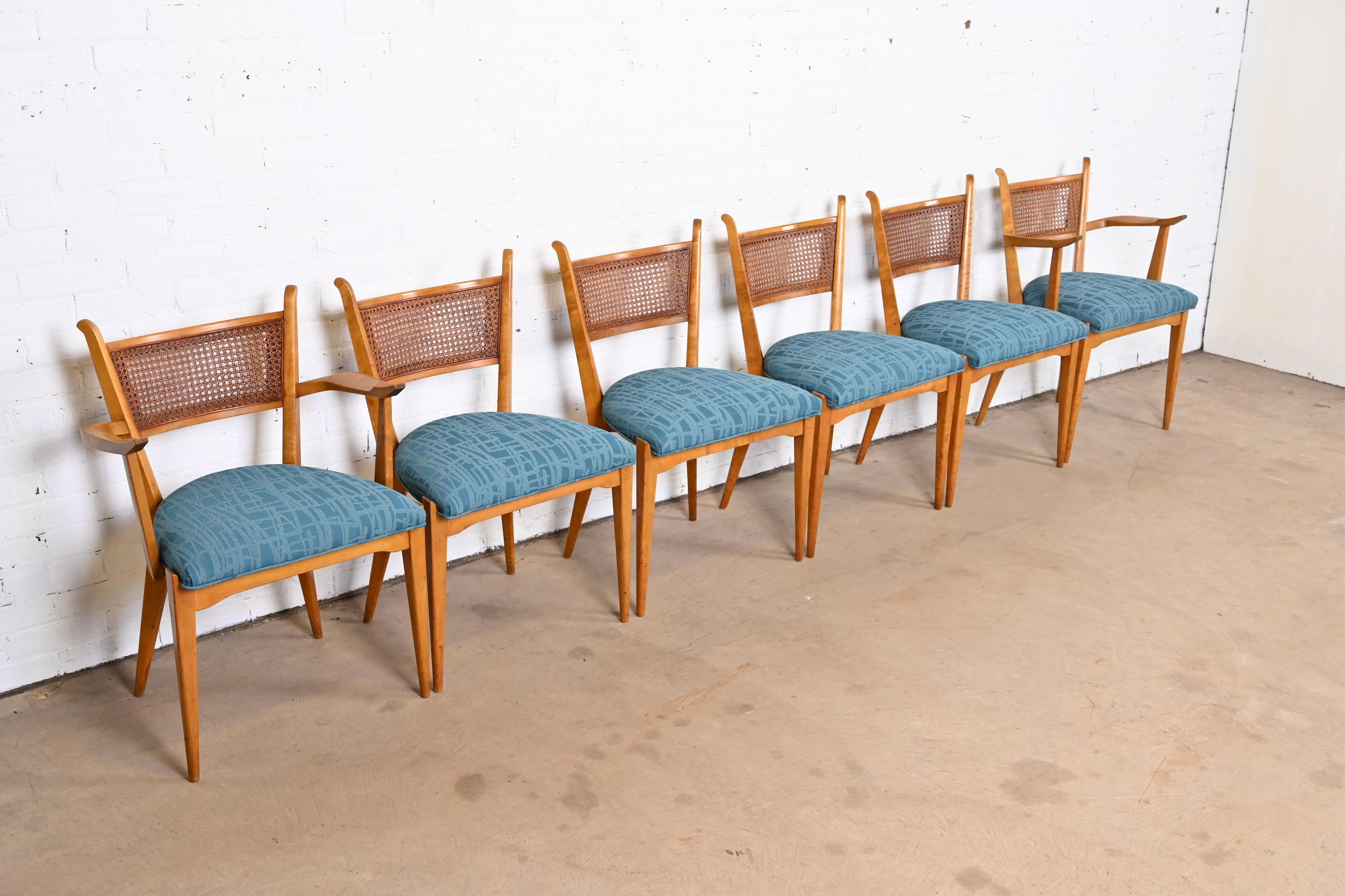 Upholstery Edmond Spence Swedish Modern Maple and Cane Dining Chairs, Newly Reupholstered For Sale