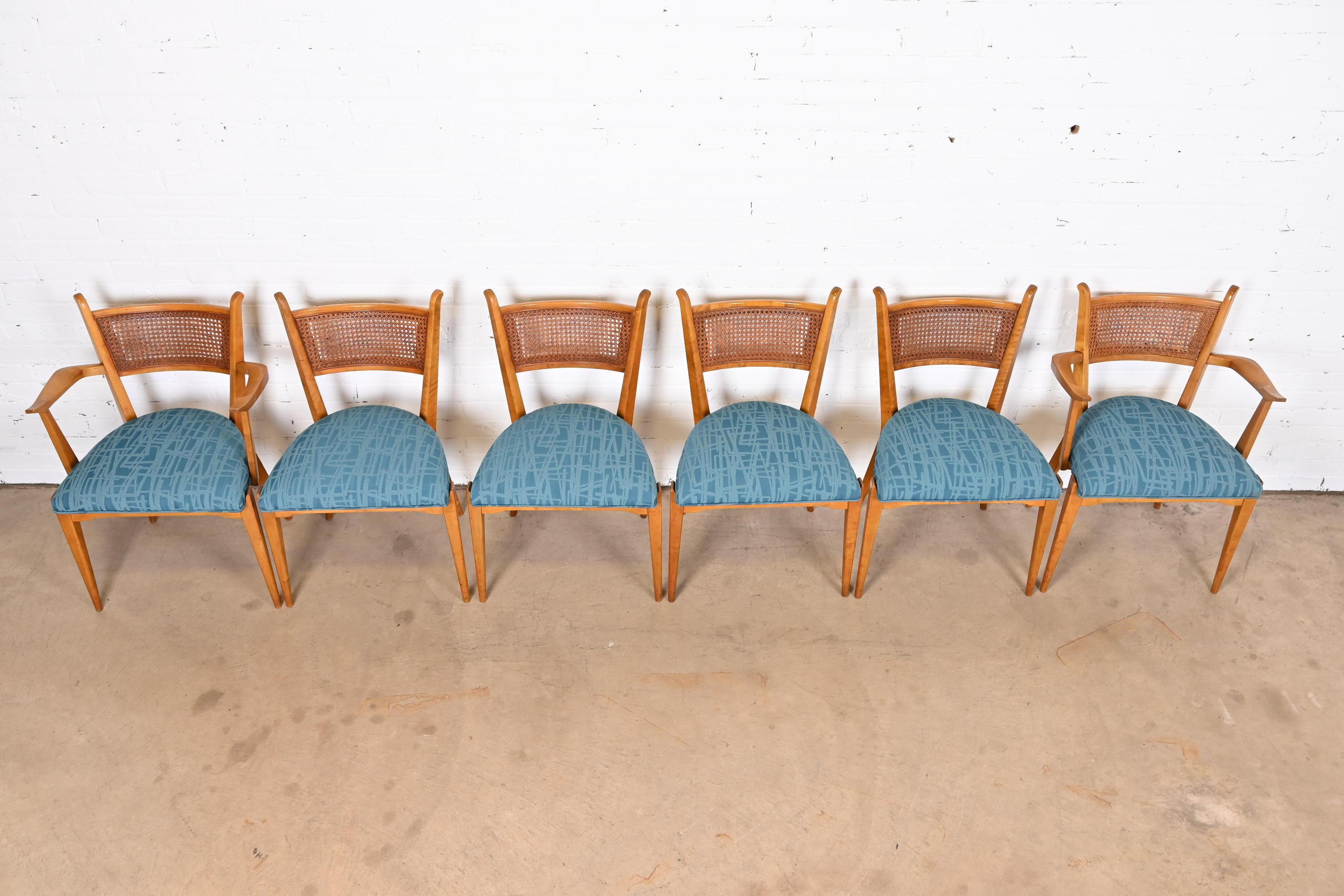 Edmond Spence Swedish Modern Maple and Cane Dining Chairs, Newly Reupholstered For Sale 1
