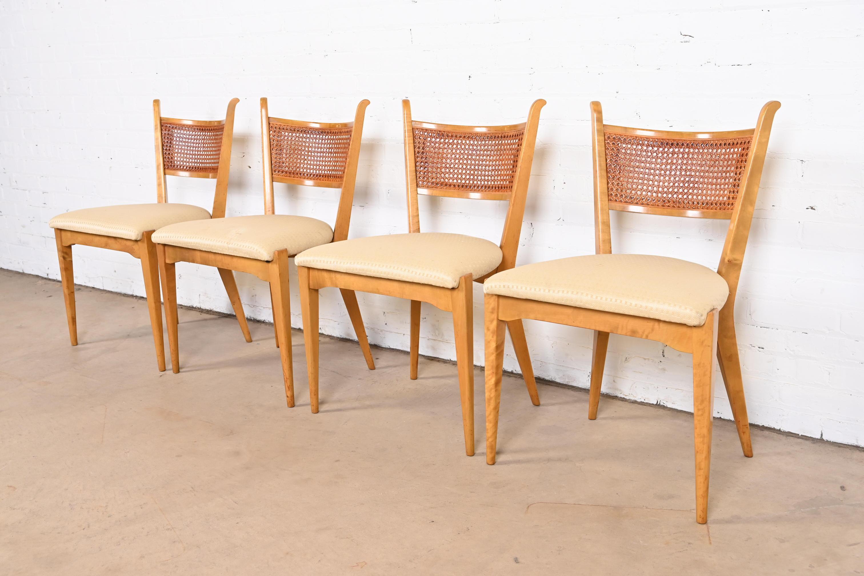 Mid-20th Century Edmond Spence Swedish Modern Sculpted Maple and Cane Dining Chairs, Set of Four For Sale