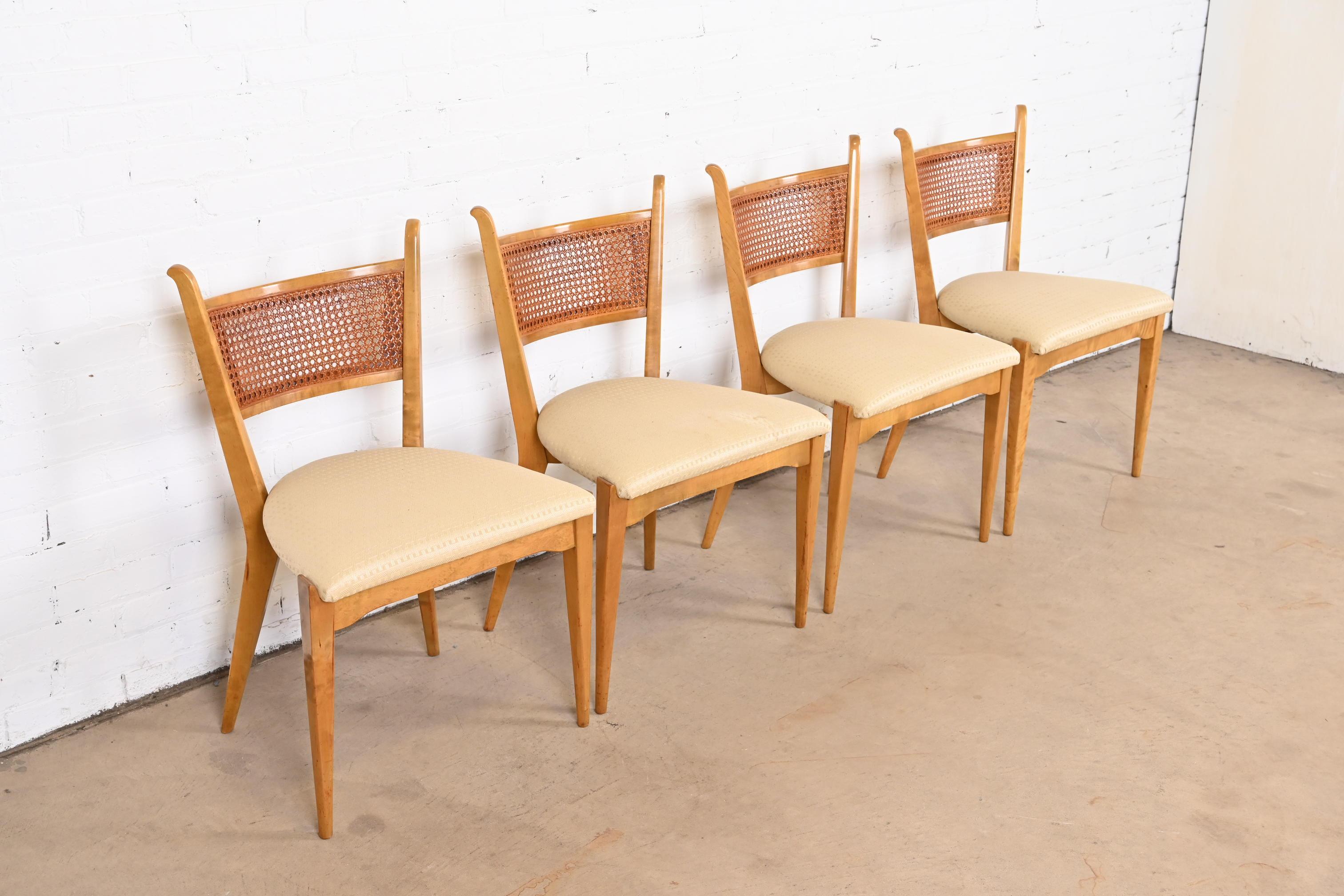 Upholstery Edmond Spence Swedish Modern Sculpted Maple and Cane Dining Chairs, Set of Four For Sale