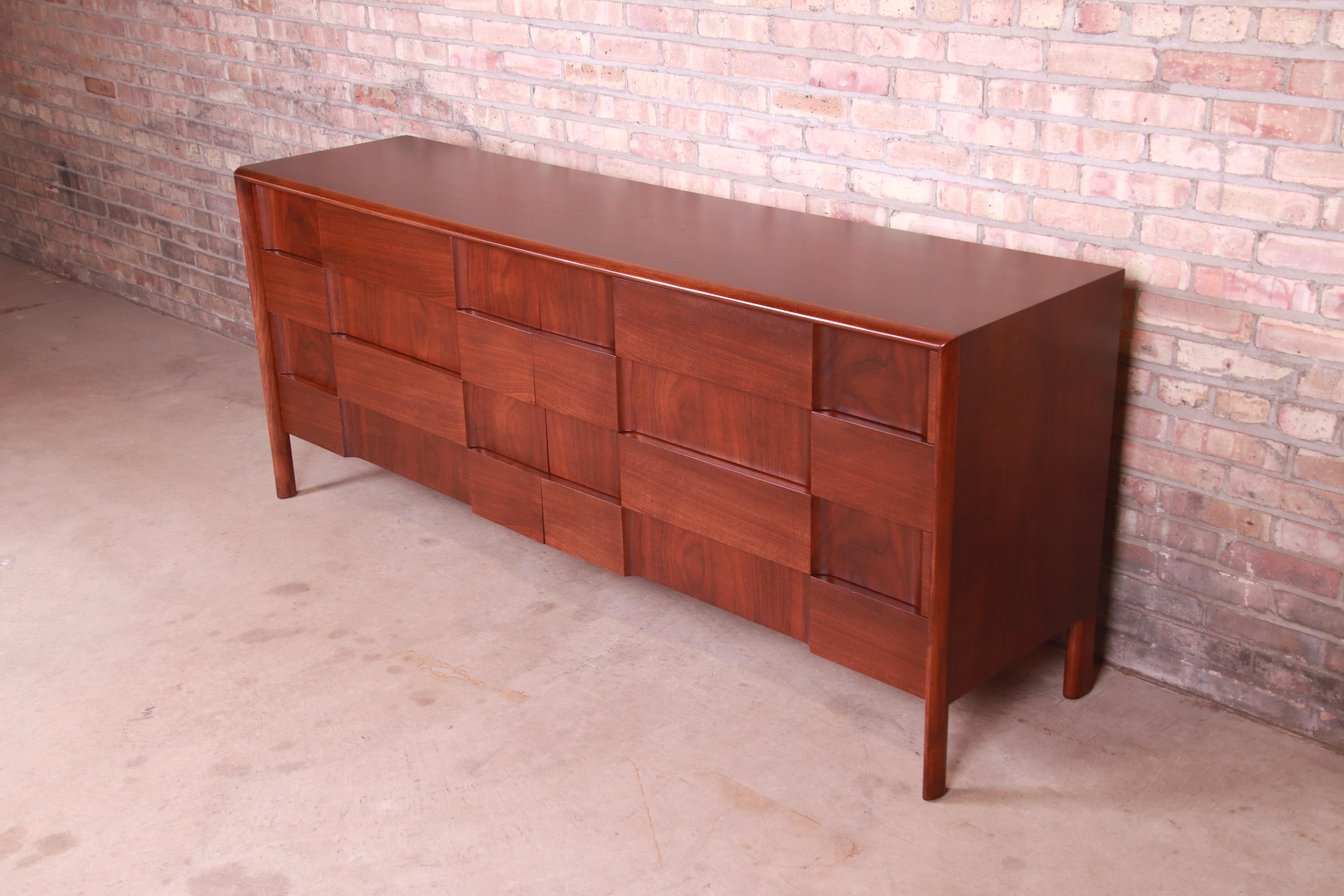 Edmond Spence Swedish Modern Sculpted Walnut Dresser or Credenza, Refinished In Good Condition In South Bend, IN