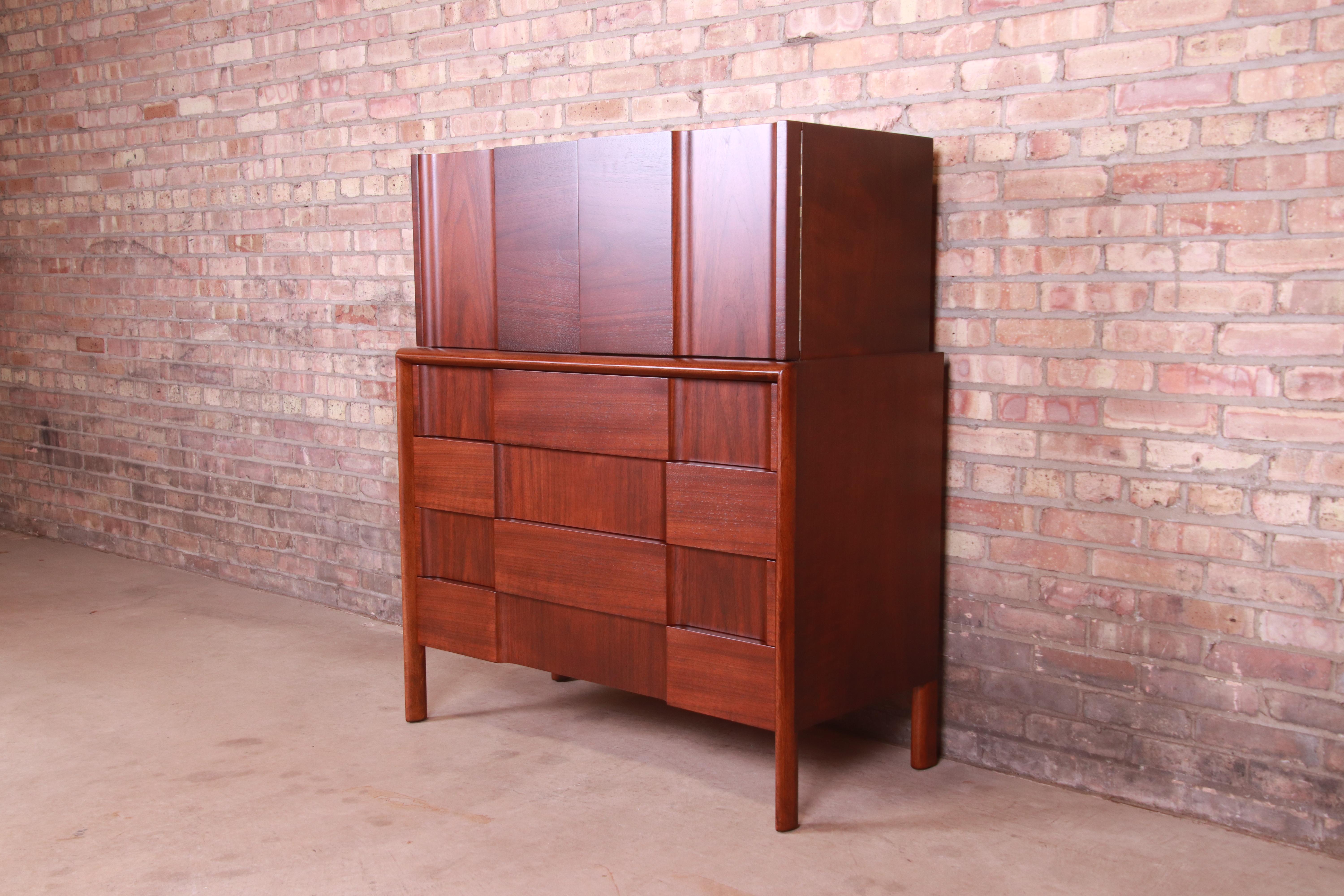 Mid-Century Modern Edmond Spence Swedish Modern Sculpted Walnut Gentleman's Chest, Newly Refinished For Sale