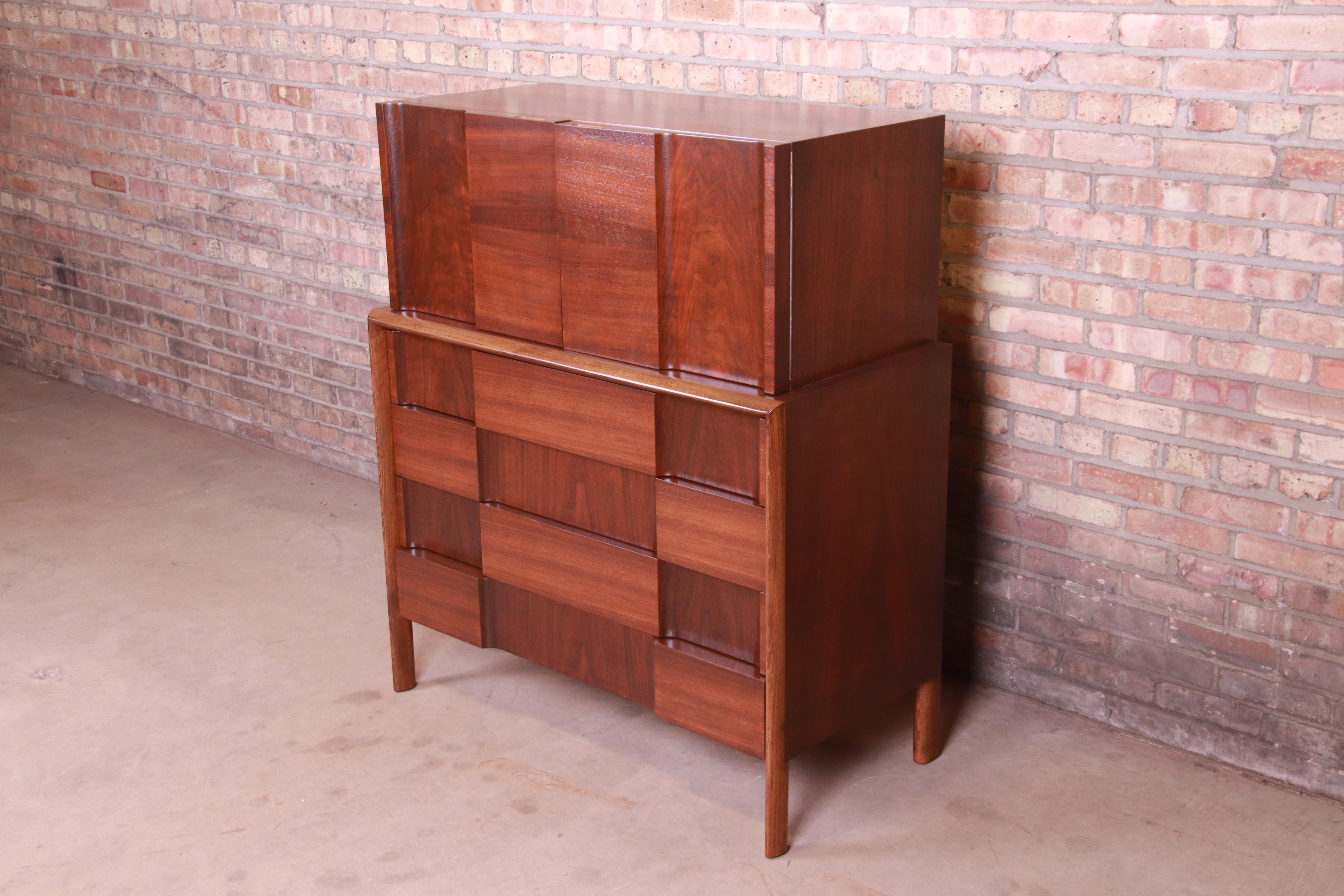 Edmond Spence Swedish Modern Sculpted Walnut Gentleman's Chest, Newly Refinished In Good Condition In South Bend, IN