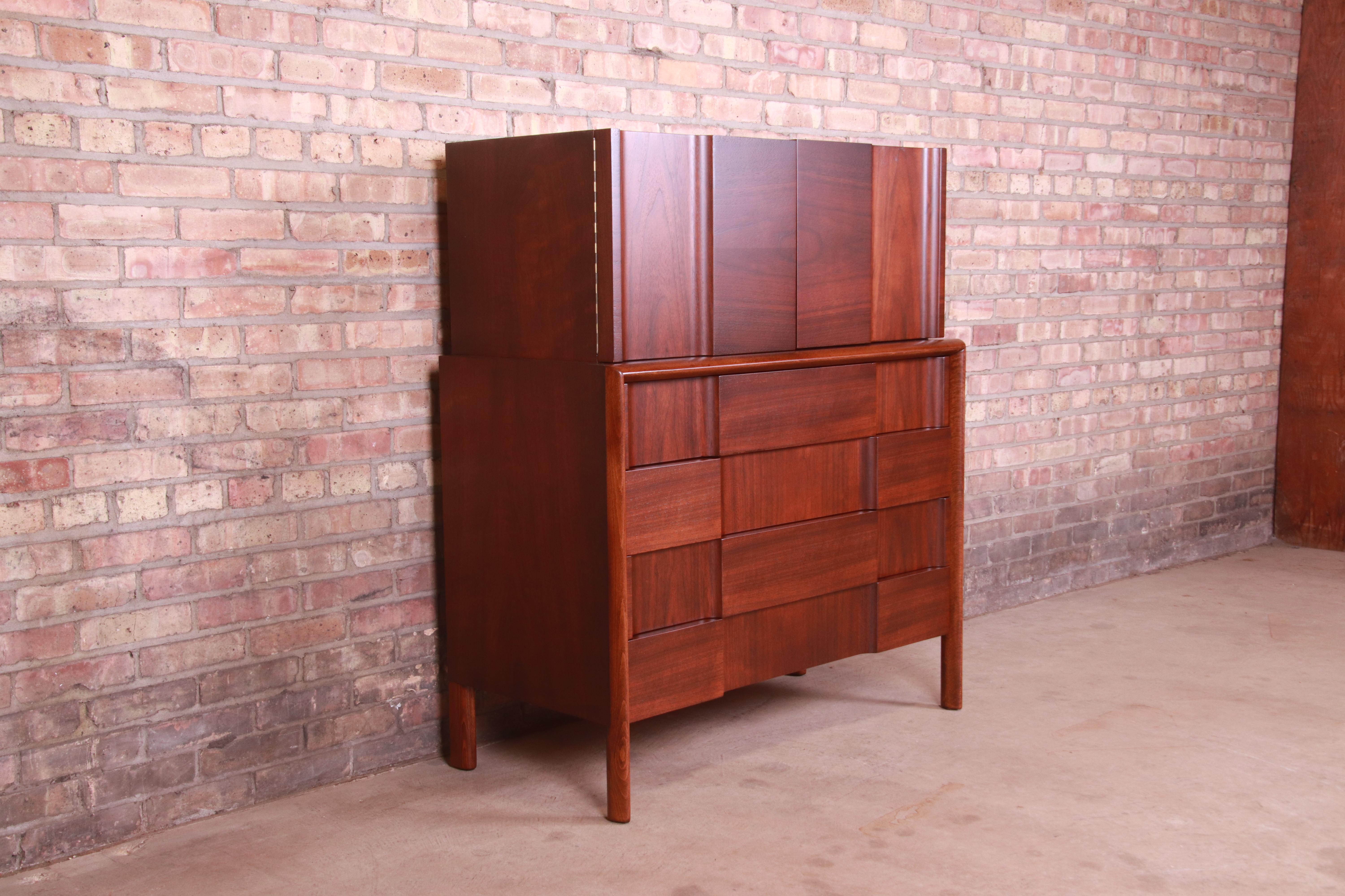 Mid-20th Century Edmond Spence Swedish Modern Sculpted Walnut Gentleman's Chest, Newly Refinished For Sale