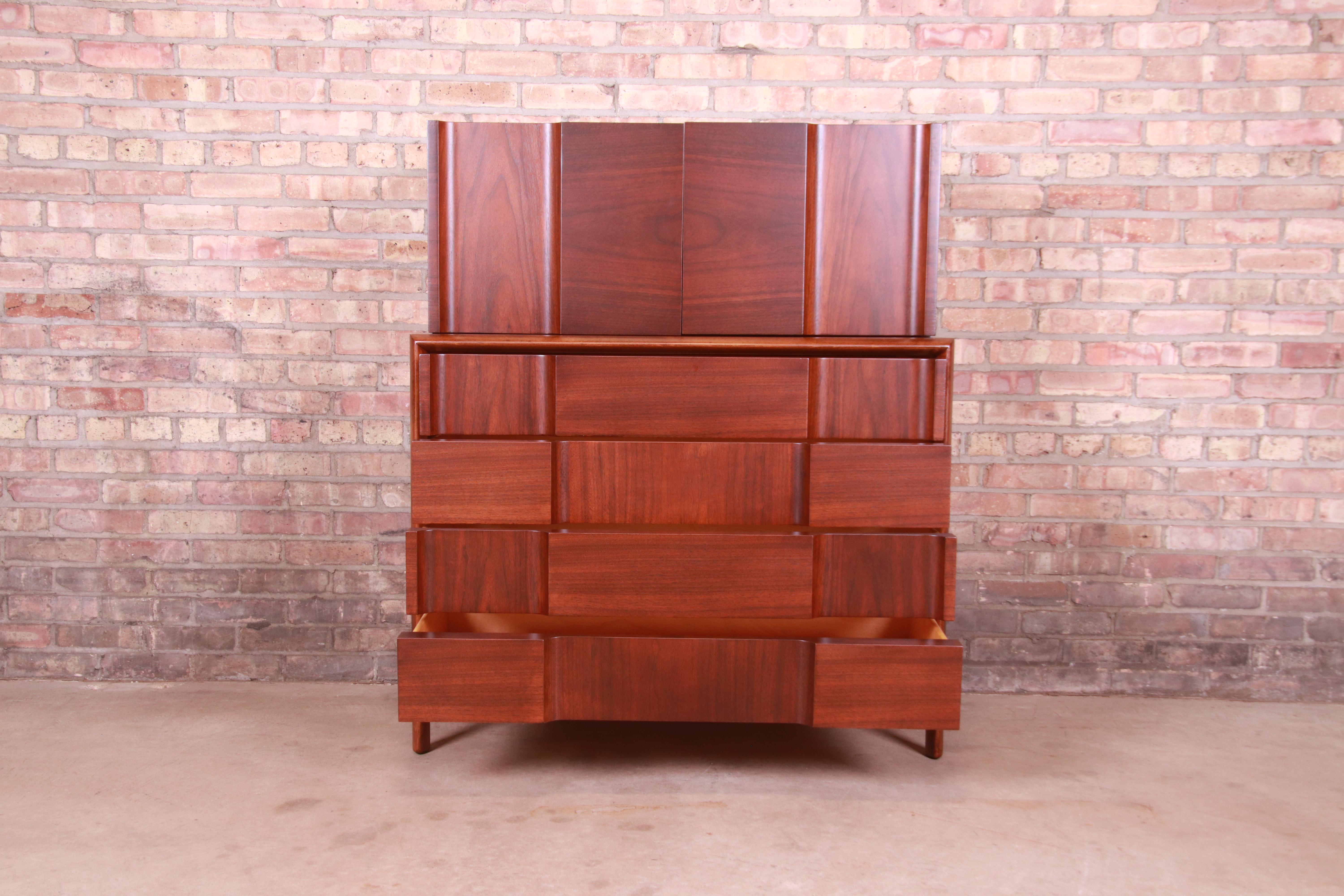 Edmond Spence Swedish Modern Sculpted Walnut Gentleman's Chest, Newly Refinished For Sale 2