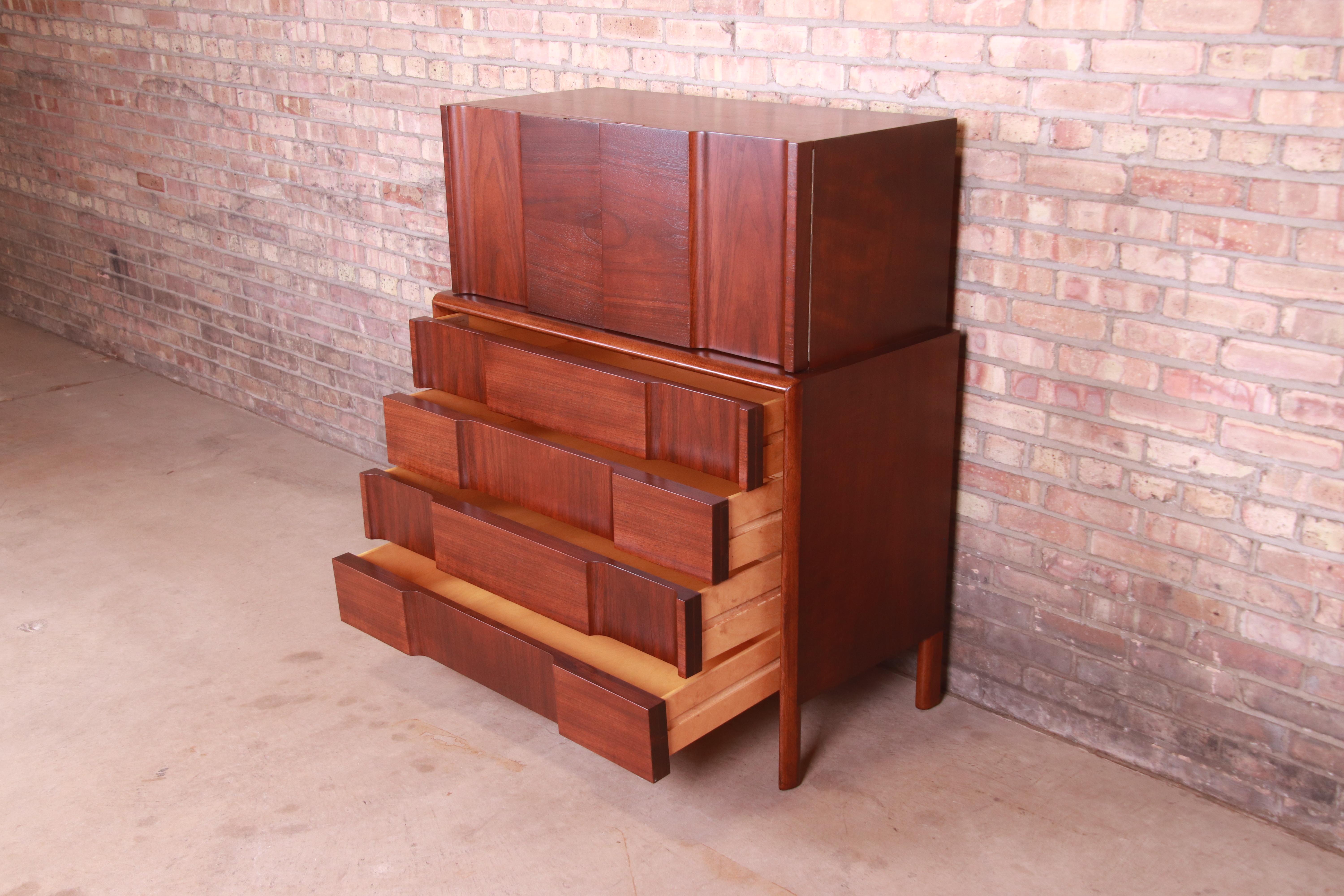 Edmond Spence Swedish Modern Sculpted Walnut Gentleman's Chest, Newly Refinished For Sale 3