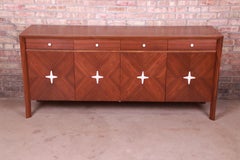 Edmond Spence Swedish Modern Walnut Credenza With Travertine Inlay, Refinished