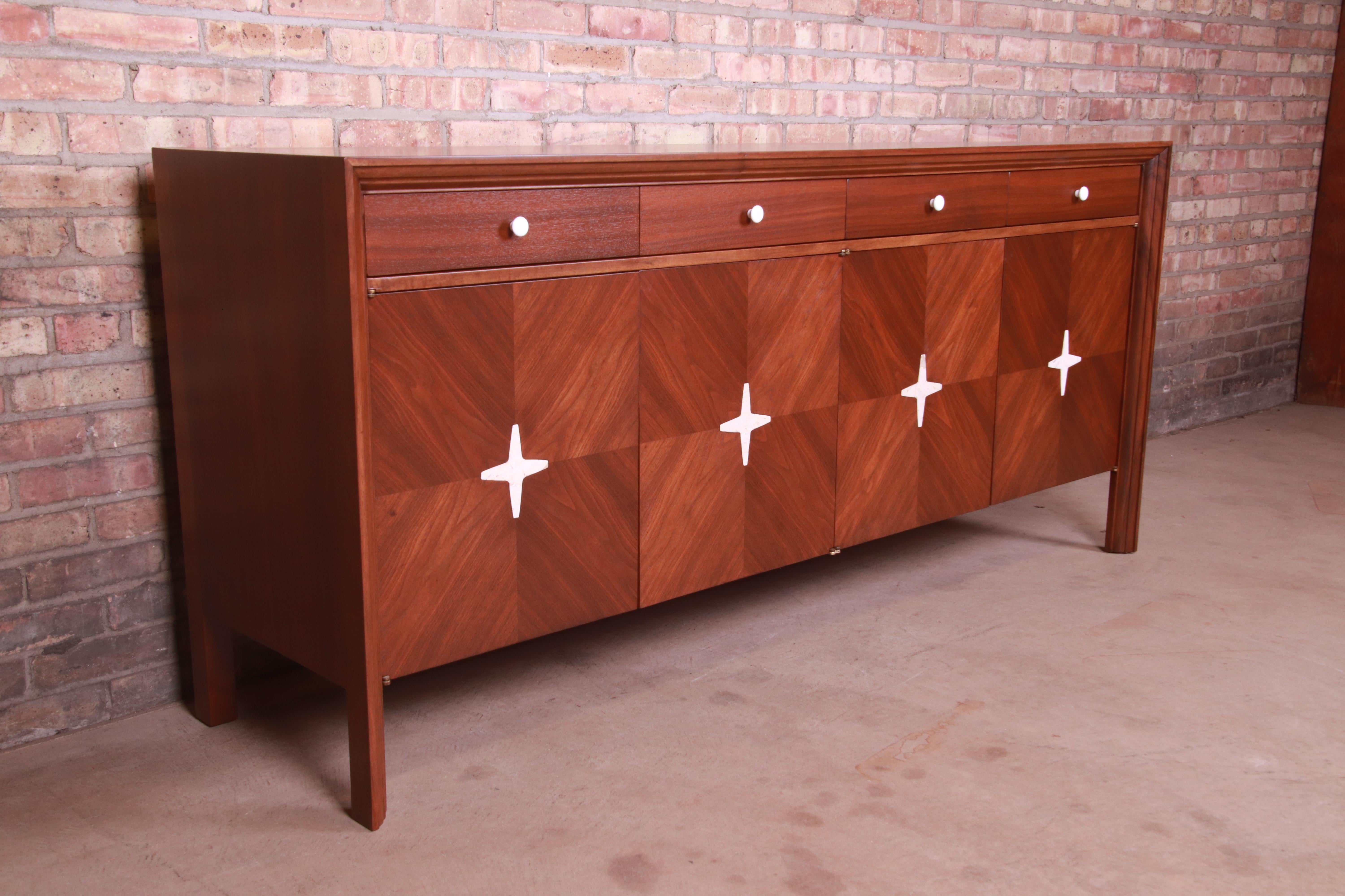 Edmond Spence Swedish Modern Walnut Credenza With Travertine Inlay, Refinished In Good Condition In South Bend, IN
