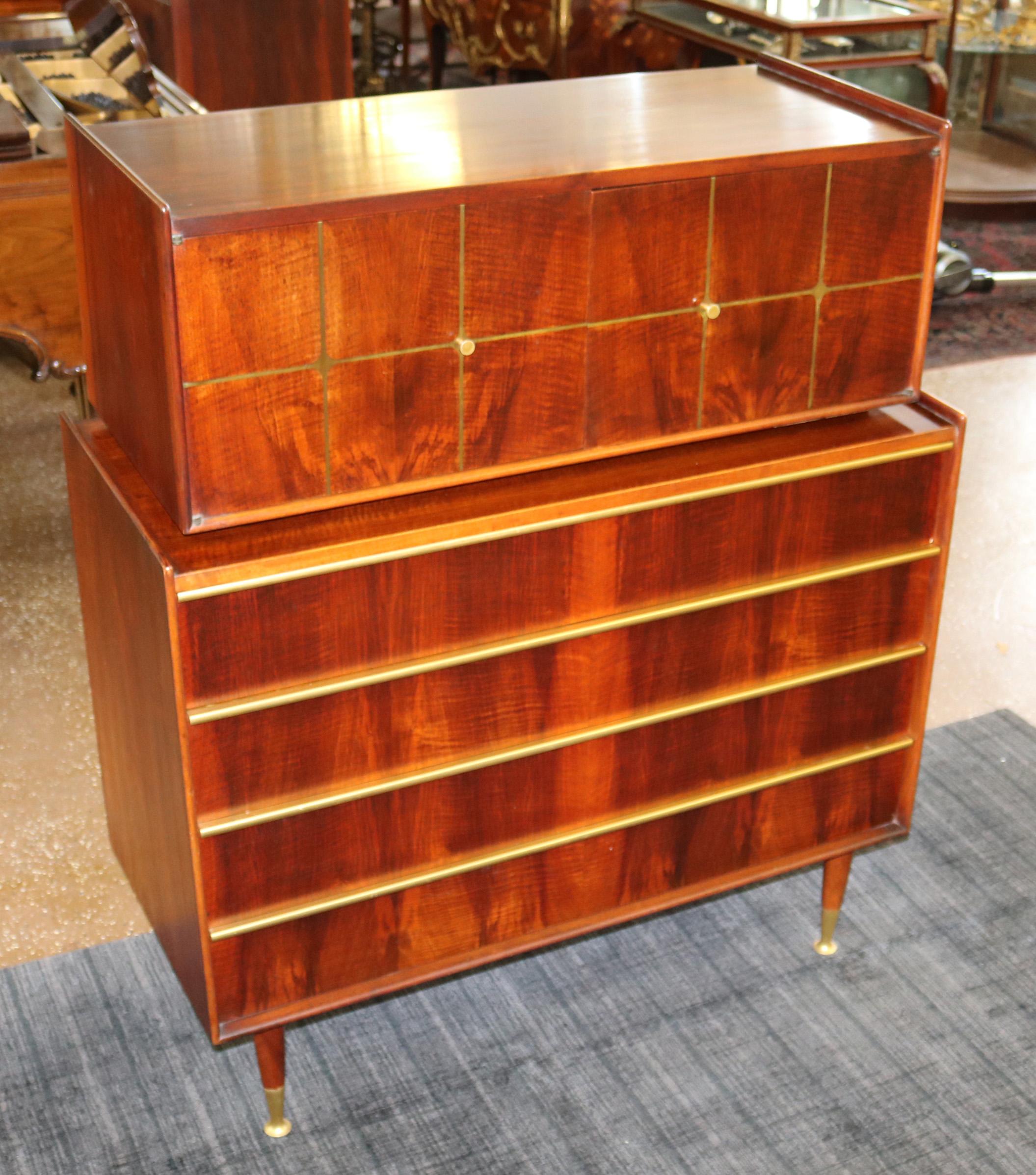 Edmond Spence Swedish Walnut & Brass High Chest Dresser In Good Condition For Sale In Long Branch, NJ