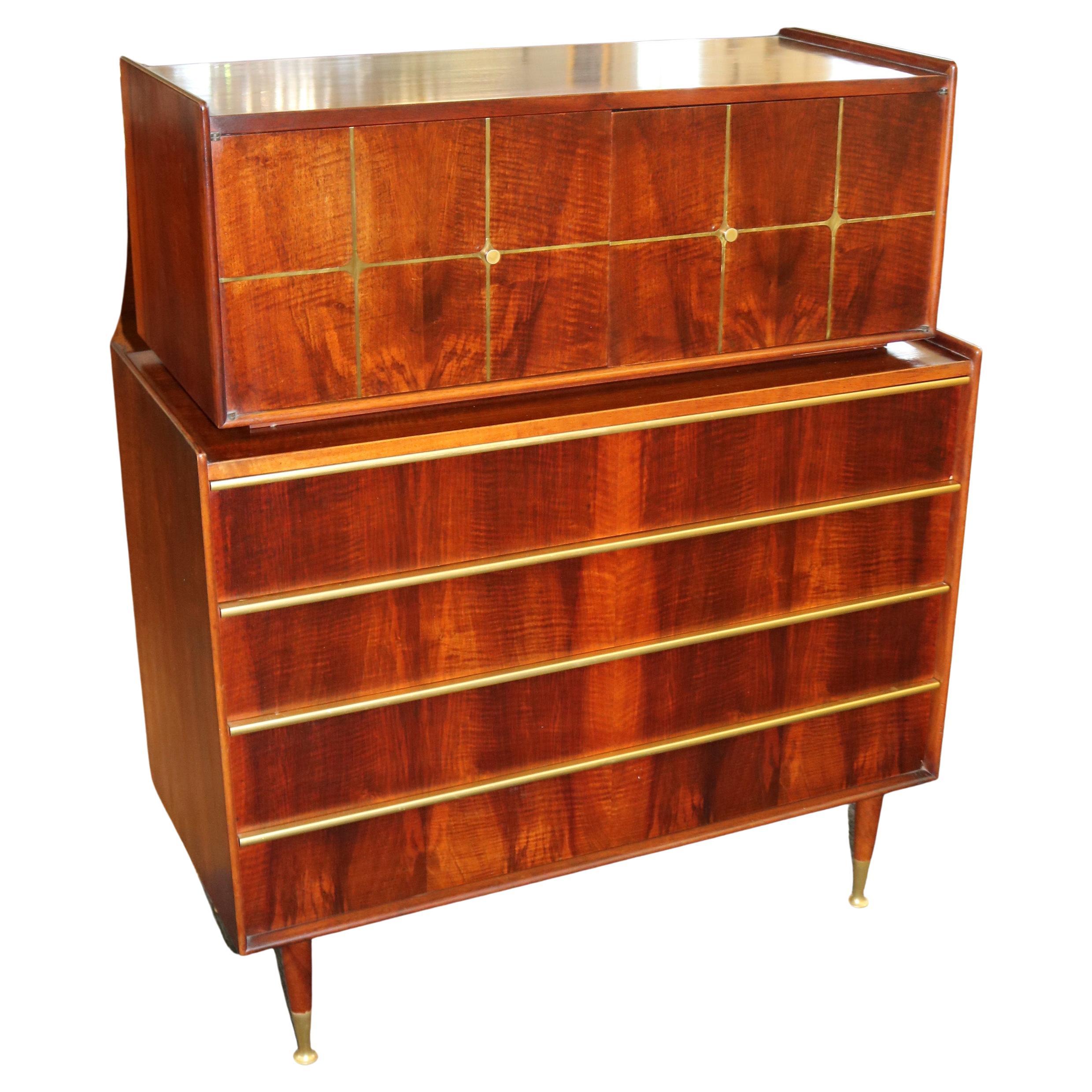 Edmond Spence Swedish Walnut & Brass High Chest Dresser For Sale