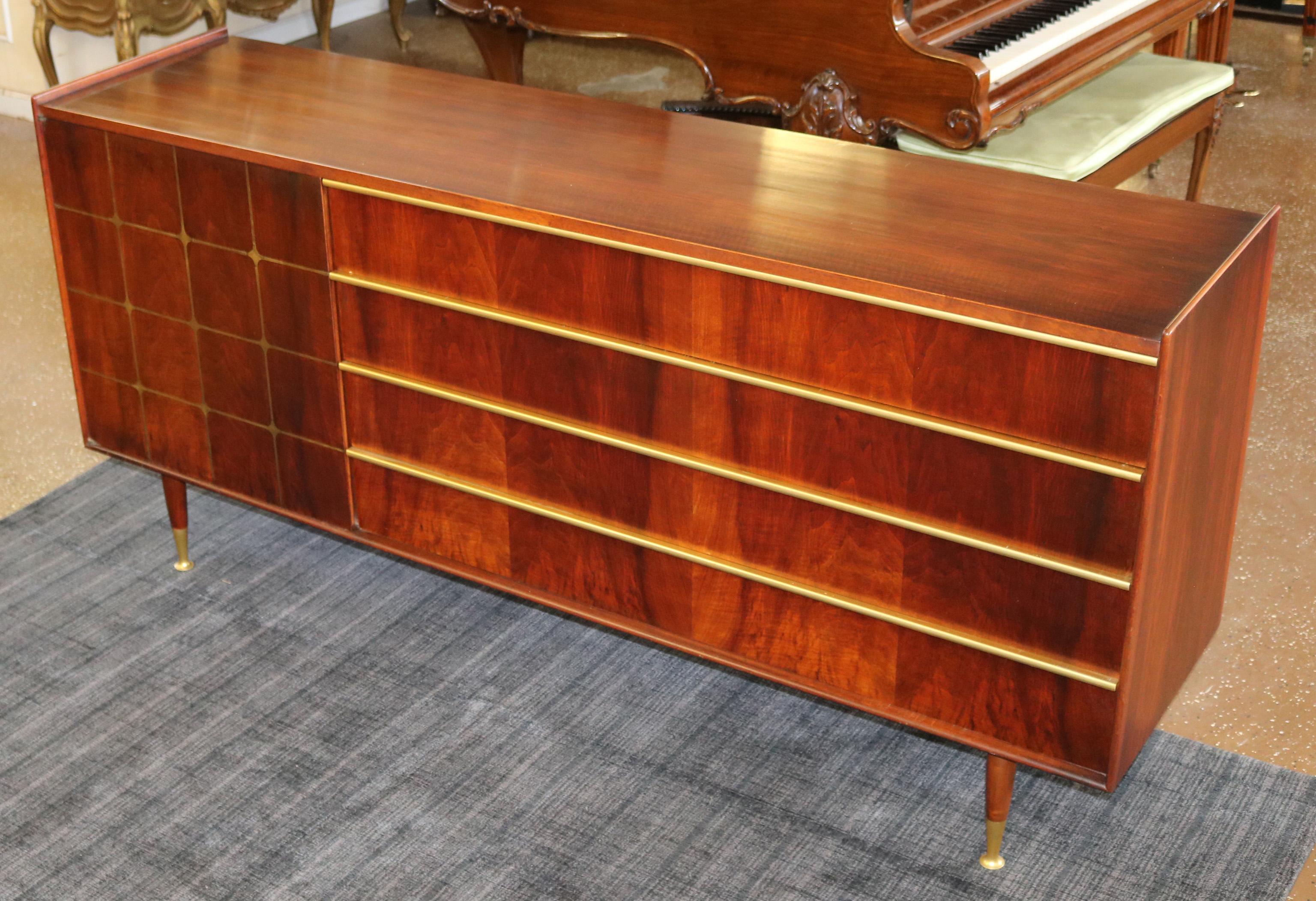 Mid-20th Century Edmond Spence Swedish Walnut & Brass Inlaid Chest of Drawers Double Dresser For Sale